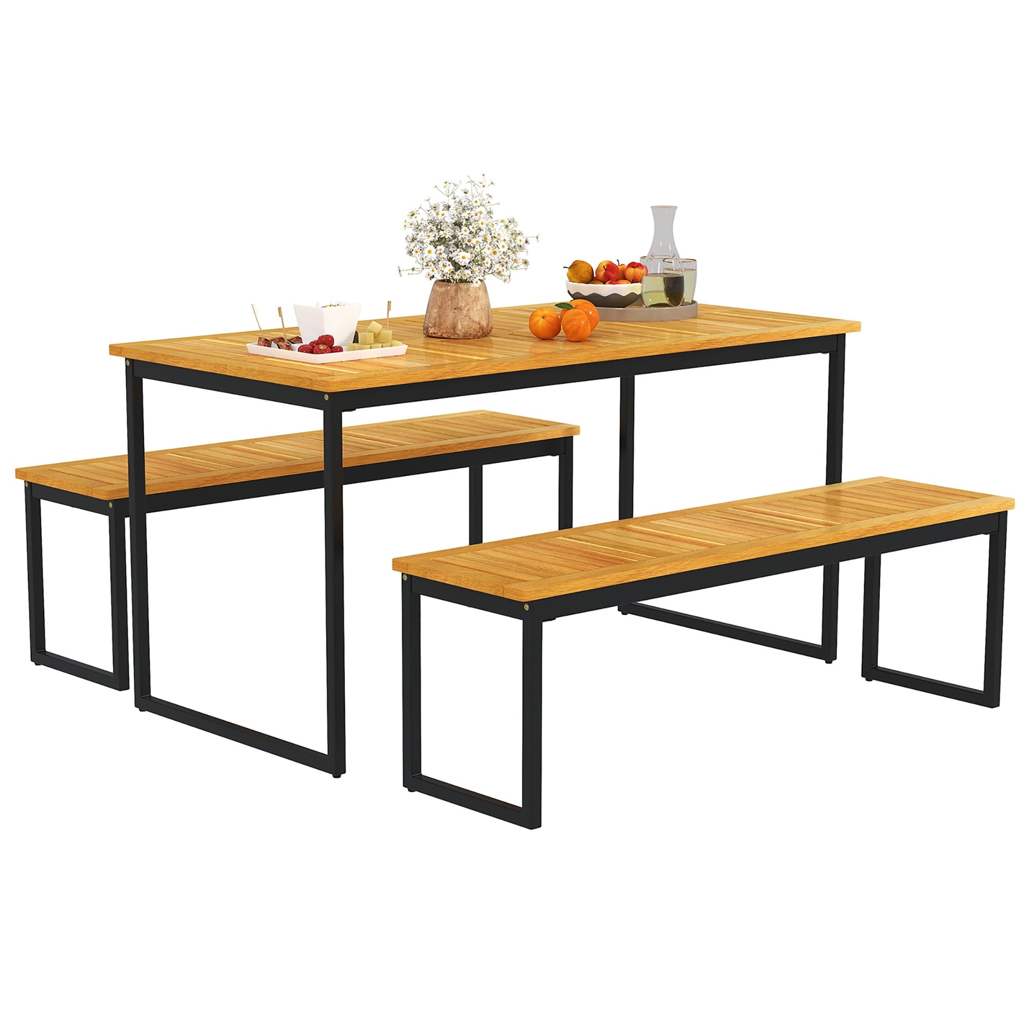 Ensemble de salle à manger d'extérieur Gymax 3 pièces pour 6 personnes avec plateau en bois d'acacia et métal