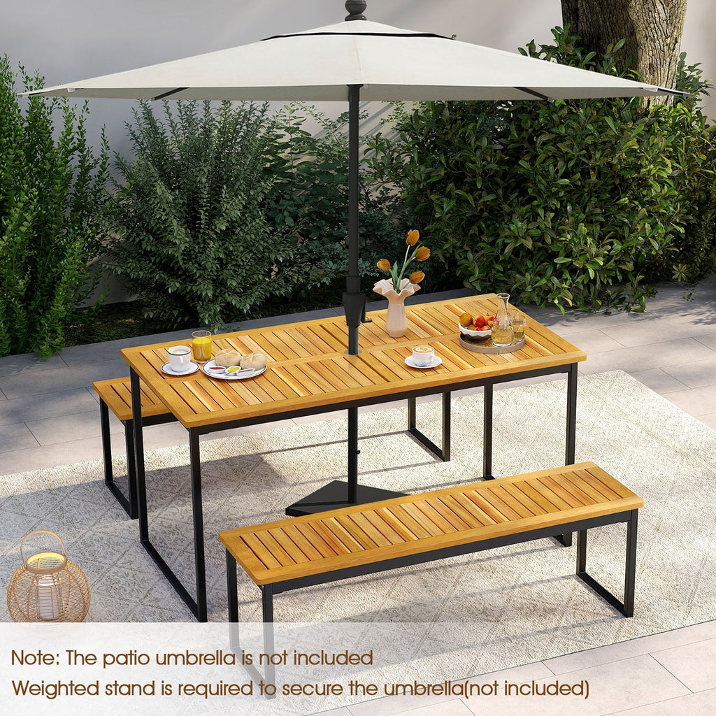 Ensemble de salle à manger d'extérieur Gymax 3 pièces pour 6 personnes avec plateau en bois d'acacia et métal