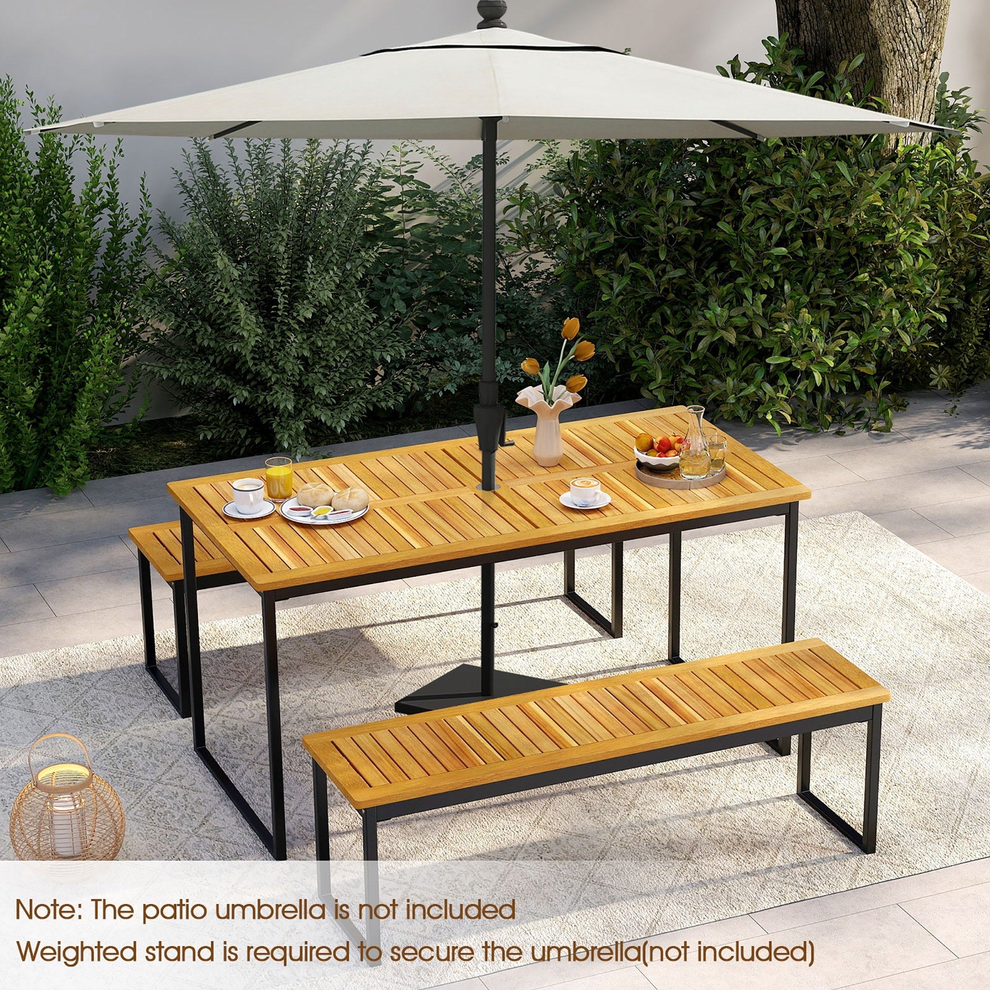 Ensemble de salle à manger d'extérieur Gymax 3 pièces pour 6 personnes avec plateau en bois d'acacia et métal
