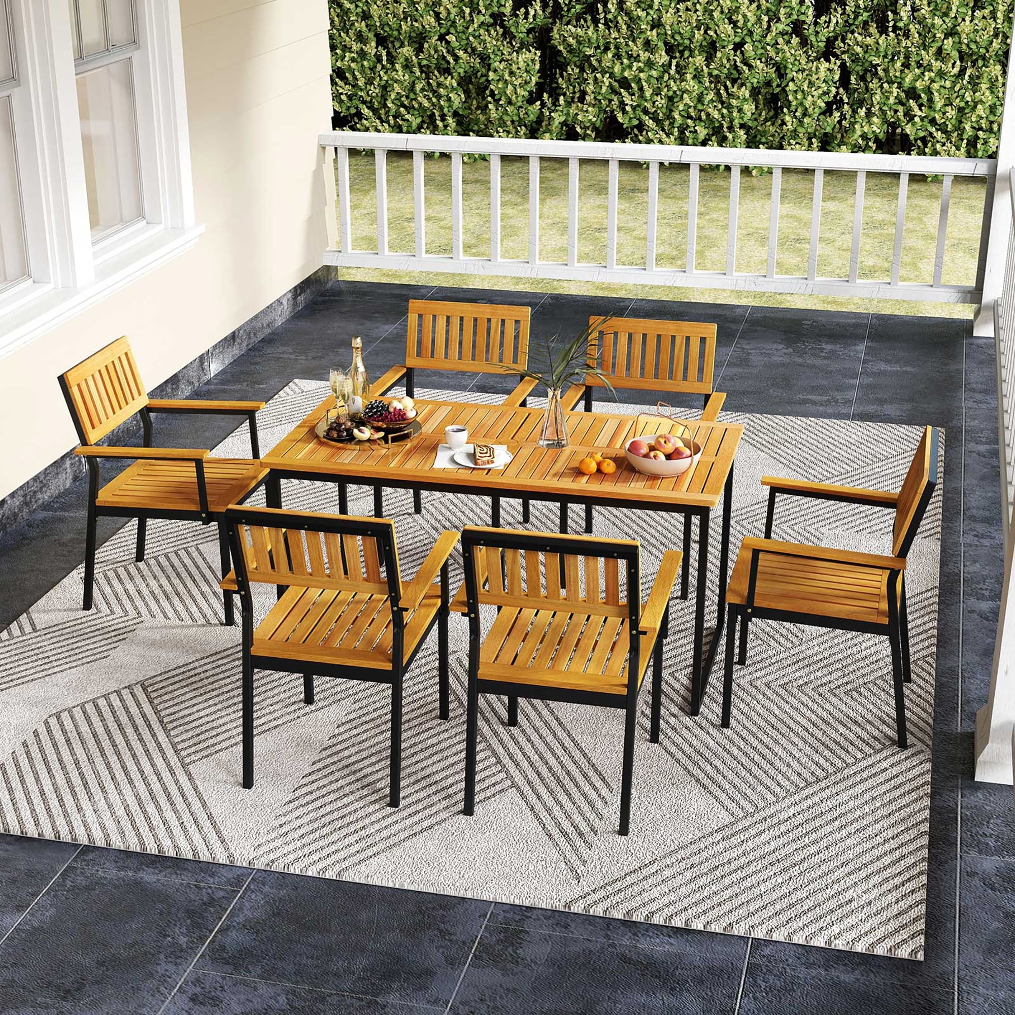 Ensemble de salle à manger d'extérieur Gymax 3 pièces pour 6 personnes avec plateau en bois d'acacia et métal