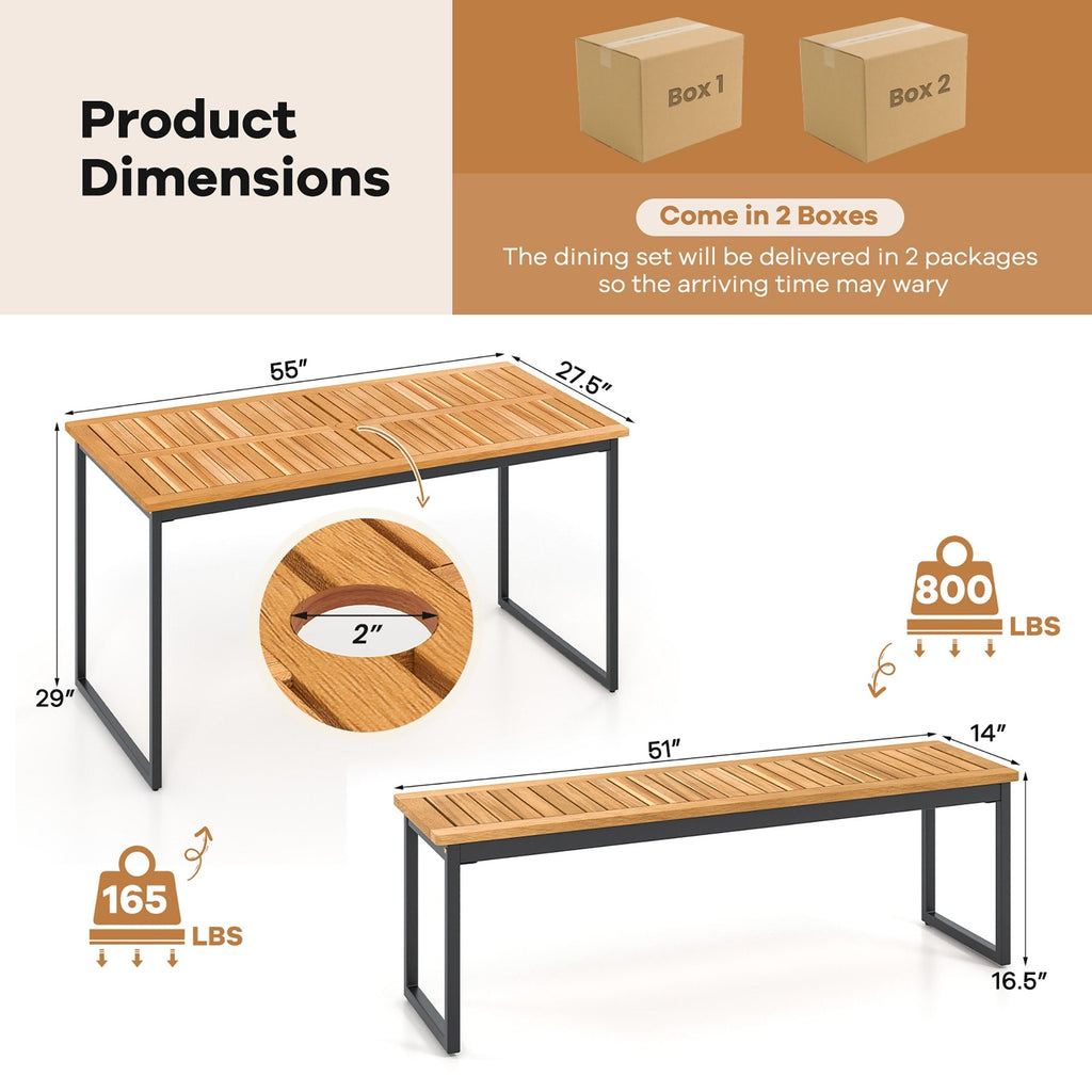 Ensemble de salle à manger d'extérieur Gymax 3 pièces pour 6 personnes avec plateau en bois d'acacia et métal