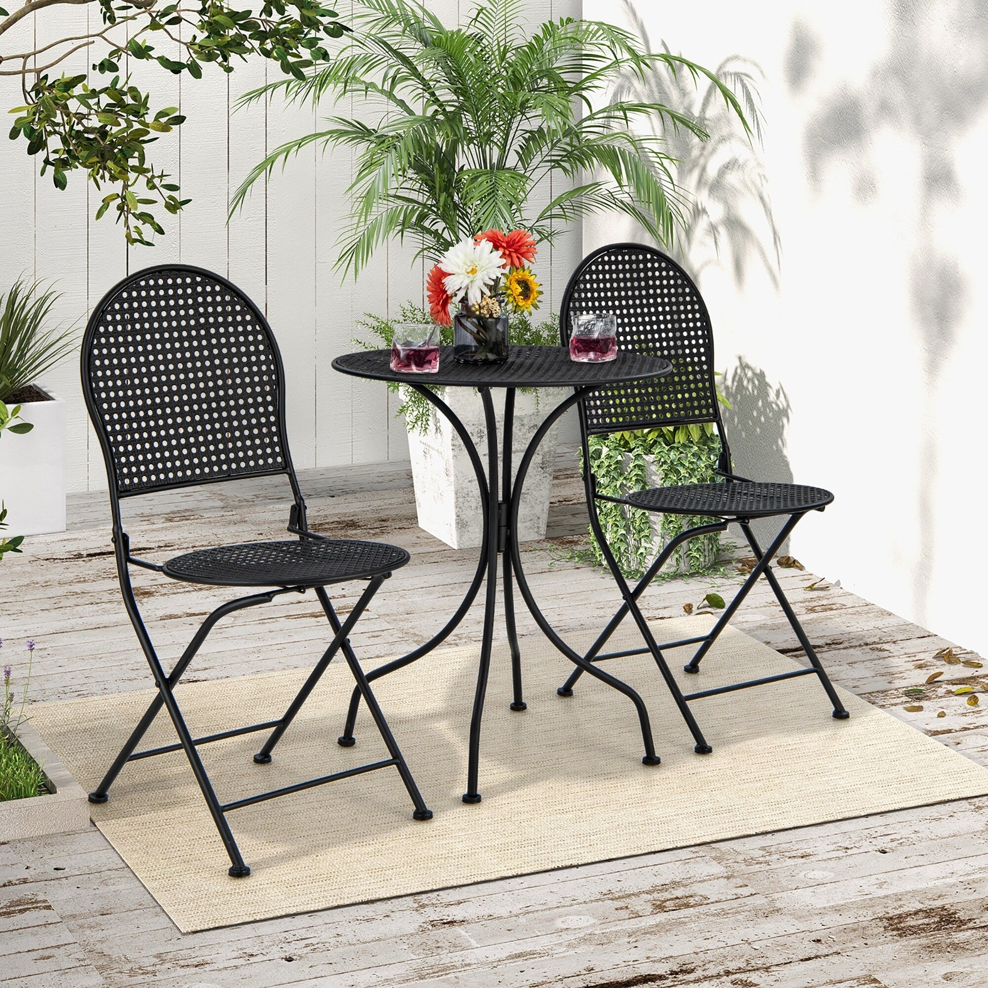 Ensemble de bistrot de patio Gymax 3 pièces, table et chaises en métal toutes saisons pour 2 personnes