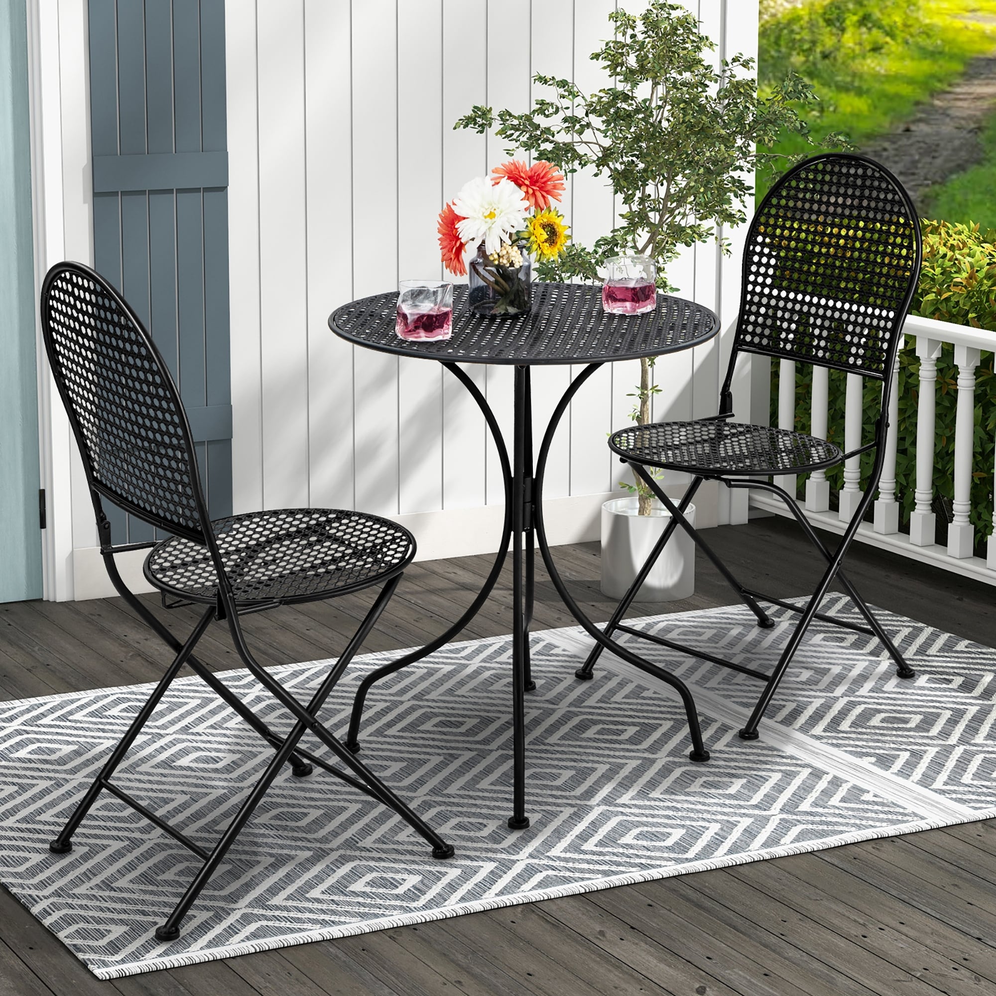 Ensemble de bistrot de patio Gymax 3 pièces, table et chaises en métal toutes saisons pour 2 personnes