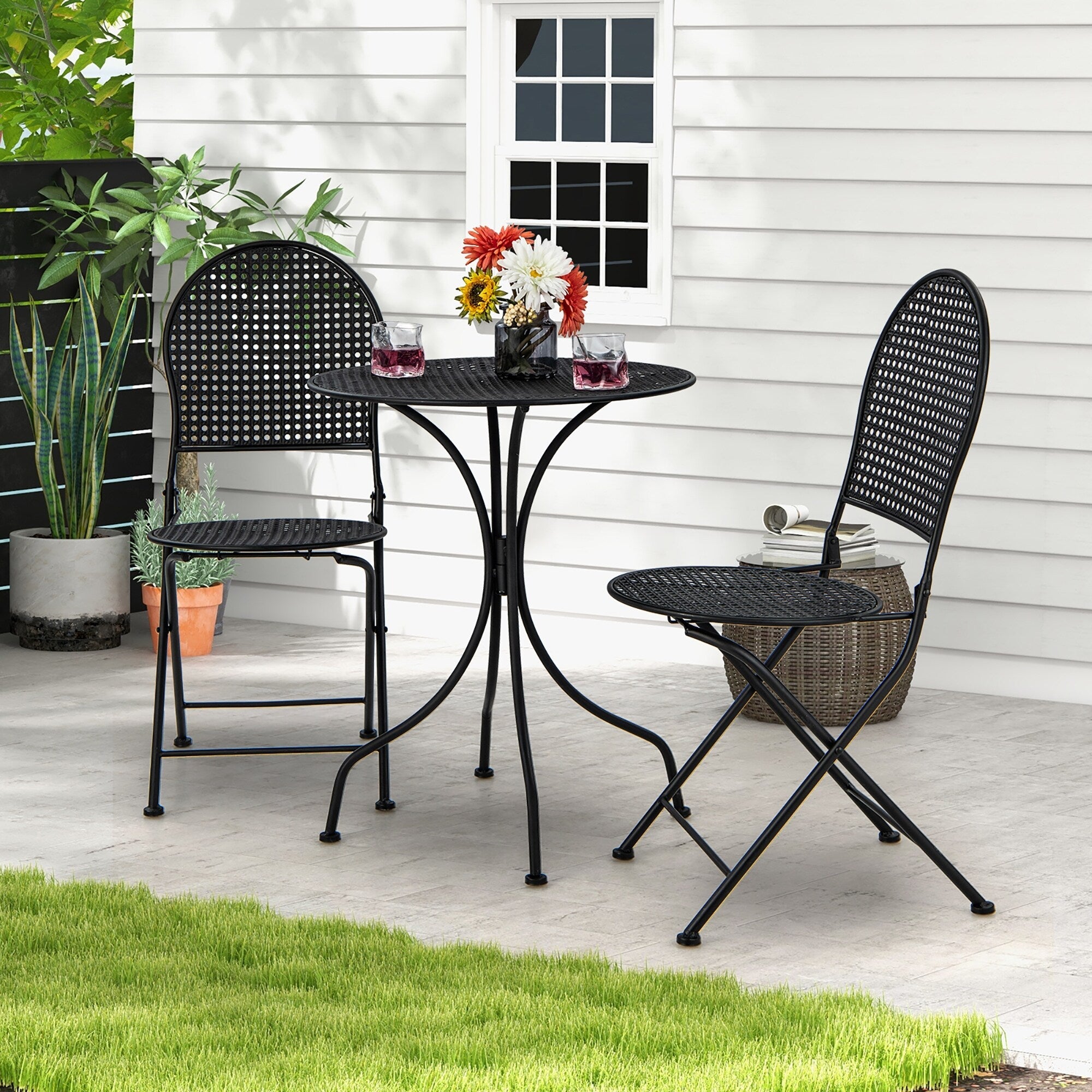 Ensemble de bistrot de patio Gymax 3 pièces, table et chaises en métal toutes saisons pour 2 personnes