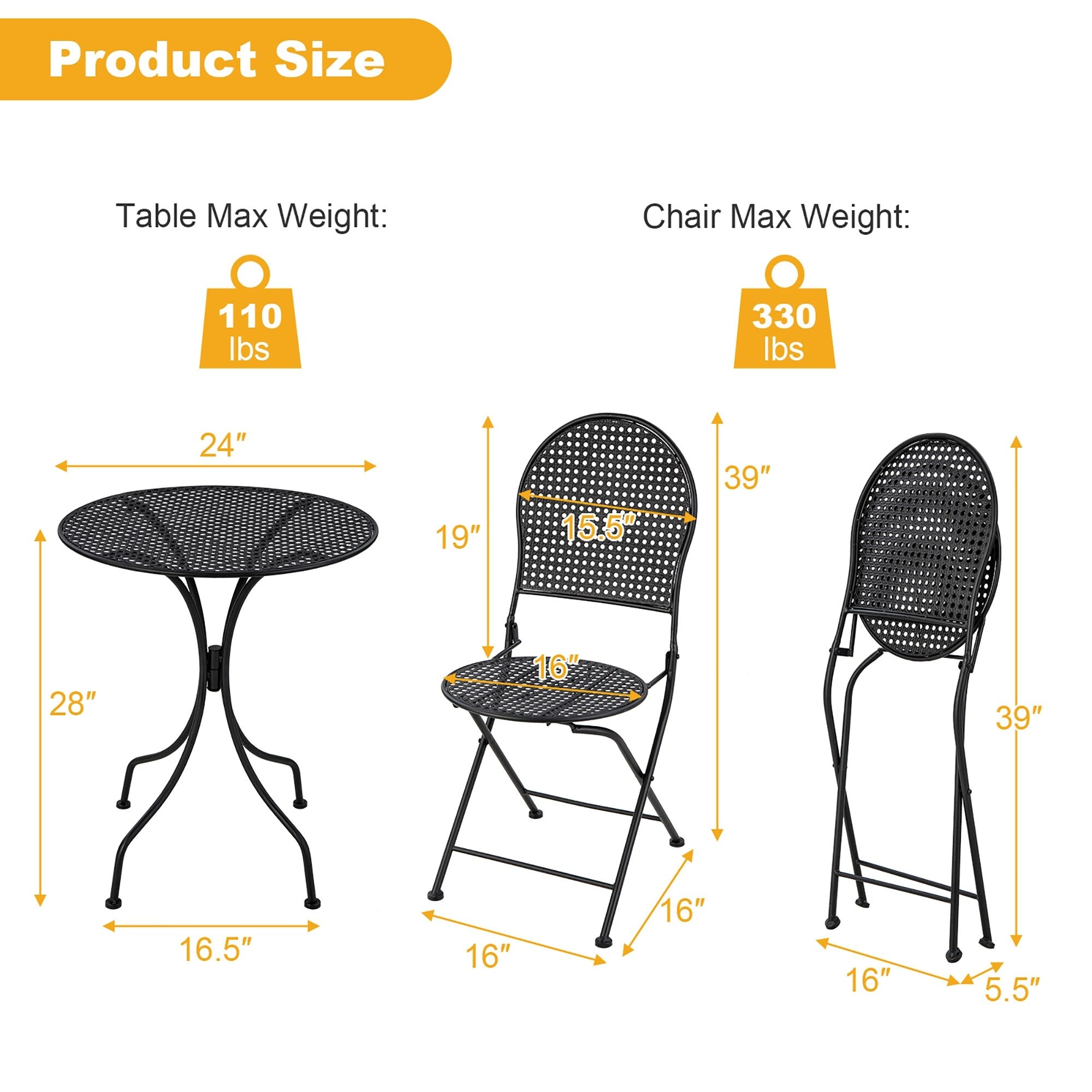 Ensemble de bistrot de patio Gymax 3 pièces, table et chaises en métal toutes saisons pour 2 personnes