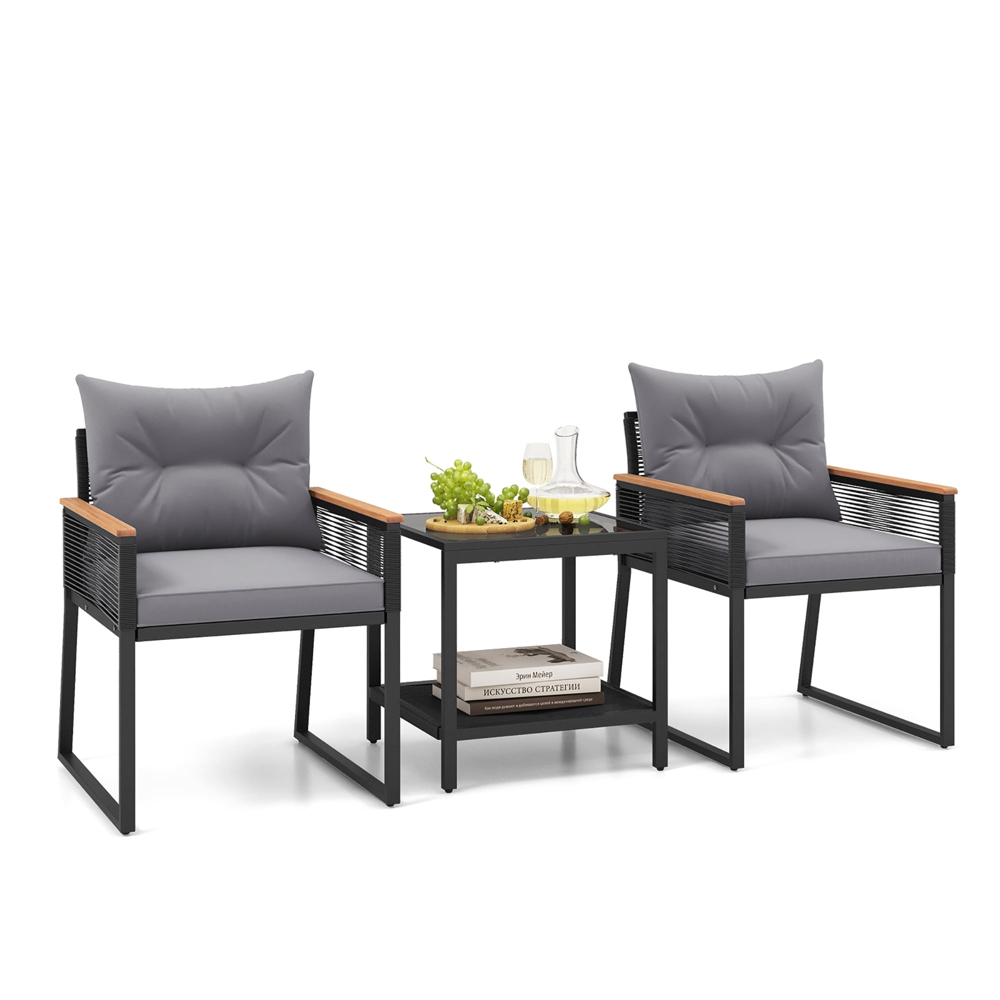 Ensemble de meubles de jardin Gymax 3 pièces avec chaises en rotin synthétique et 2 niveaux