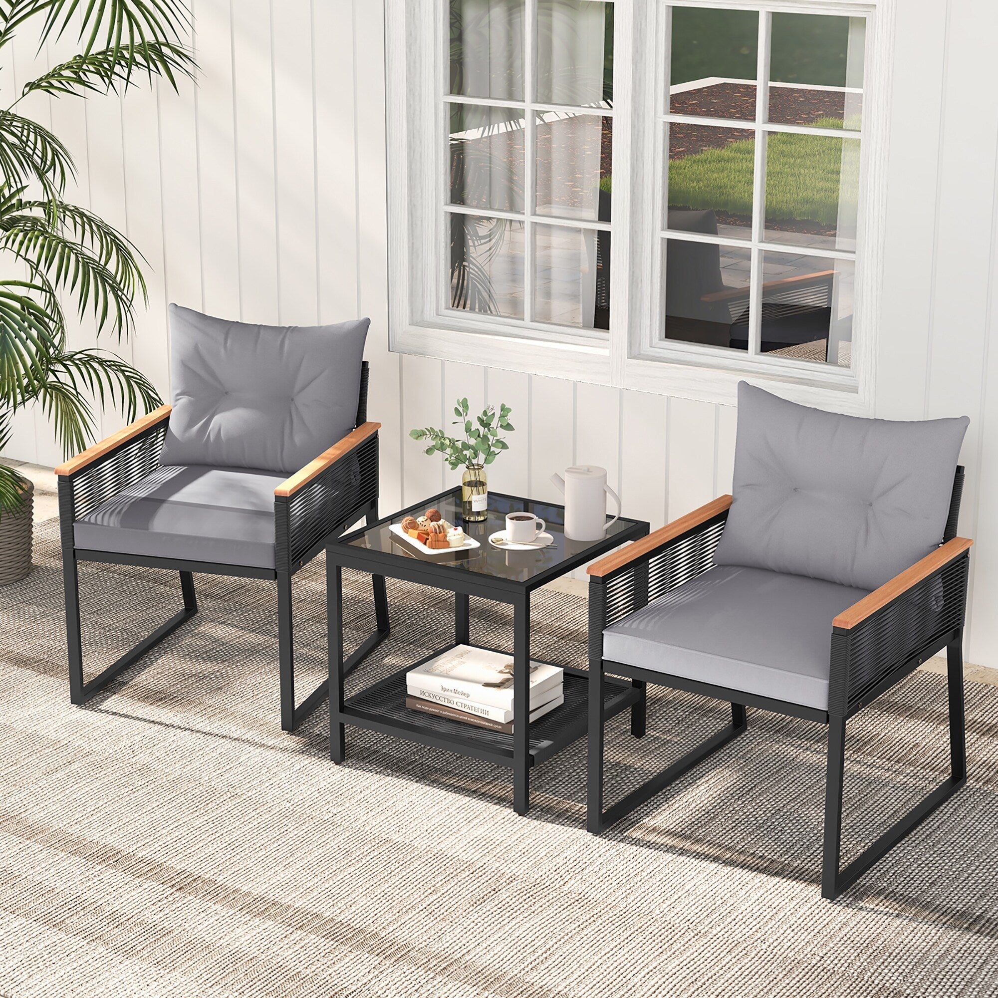 Ensemble de meubles de jardin Gymax 3 pièces avec chaises en rotin synthétique et 2 niveaux