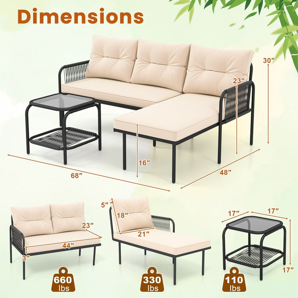 Ensemble de meubles de jardin 3 pièces en L Gymax avec dossier en verre trempé