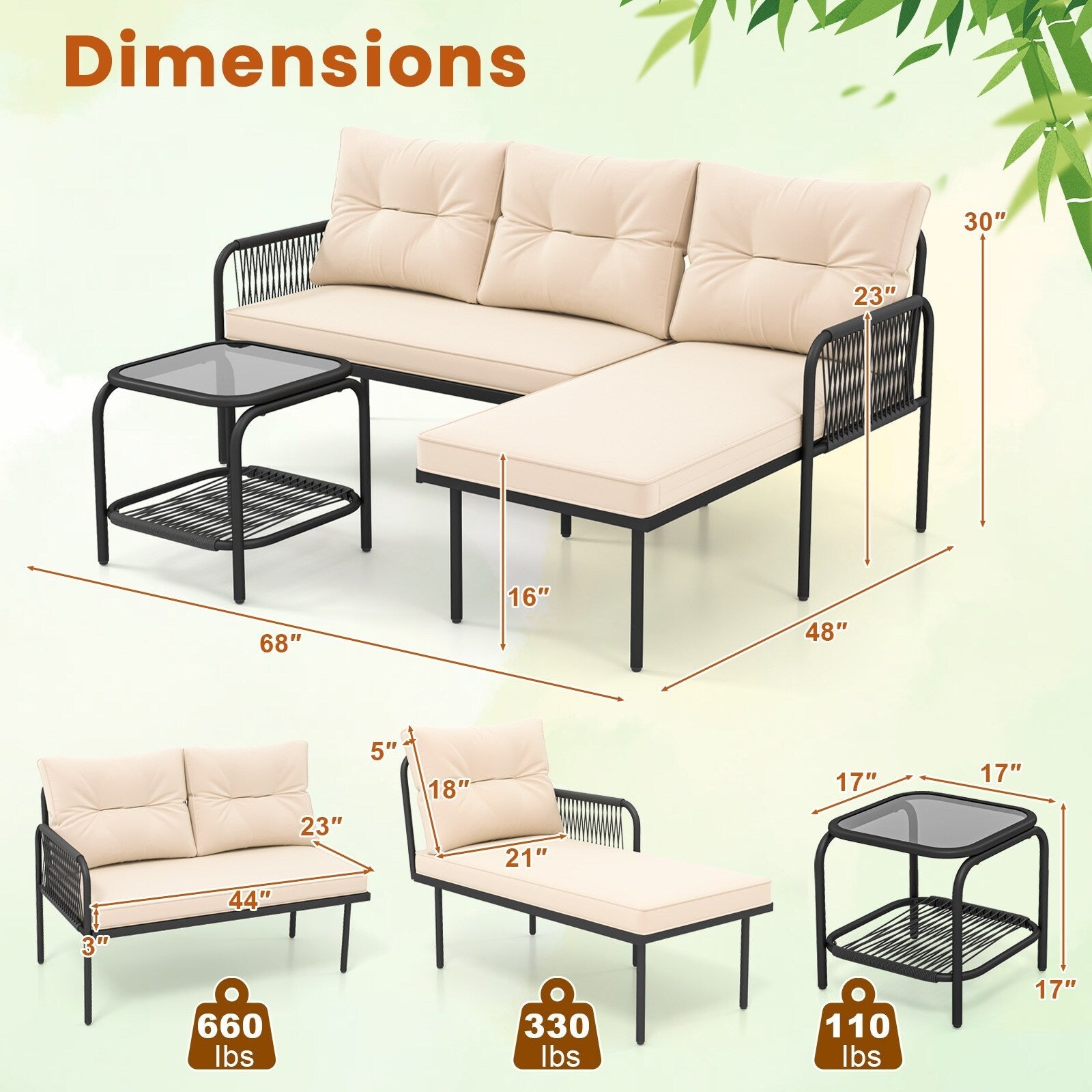 Ensemble de meubles de jardin 3 pièces en L Gymax avec dossier en verre trempé