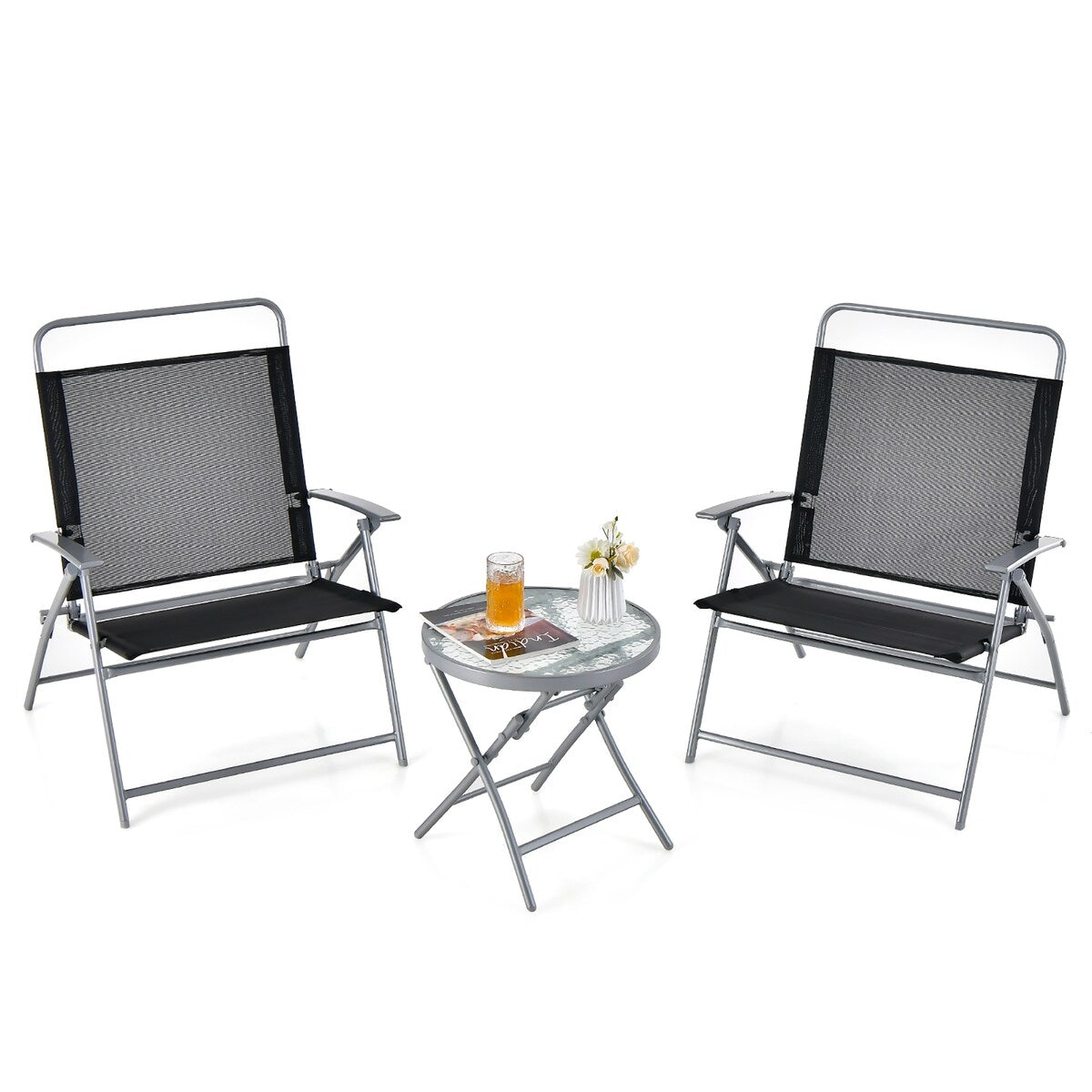 Ensemble de 3 chaises pliantes de patio Gymax avec table basse et chaise extra-large