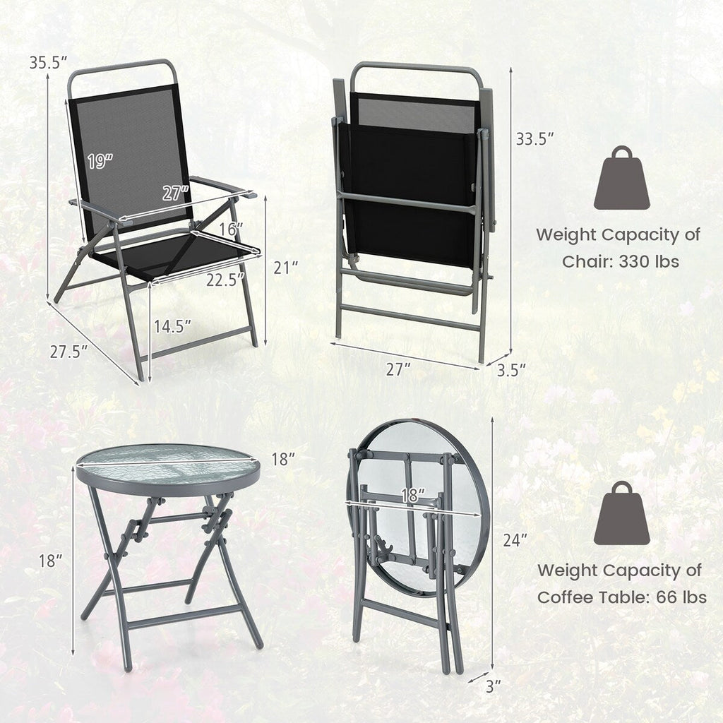 Ensemble de 3 chaises pliantes de patio Gymax avec table basse et chaise extra-large
