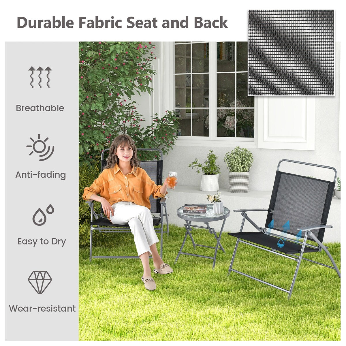 Ensemble de 3 chaises pliantes de patio Gymax avec table basse et chaise extra-large