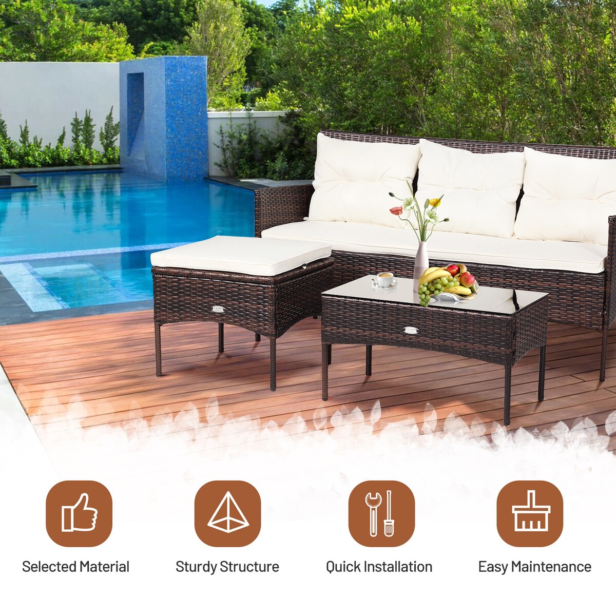 Ensemble de 3 meubles de jardin en rotin sectionnels Gymax avec canapé-lit - Voir les détails