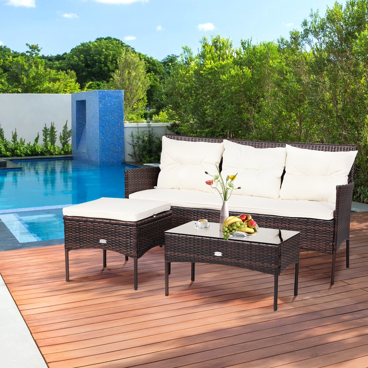 Ensemble de 3 meubles de jardin en rotin sectionnels Gymax avec canapé-lit - Voir les détails