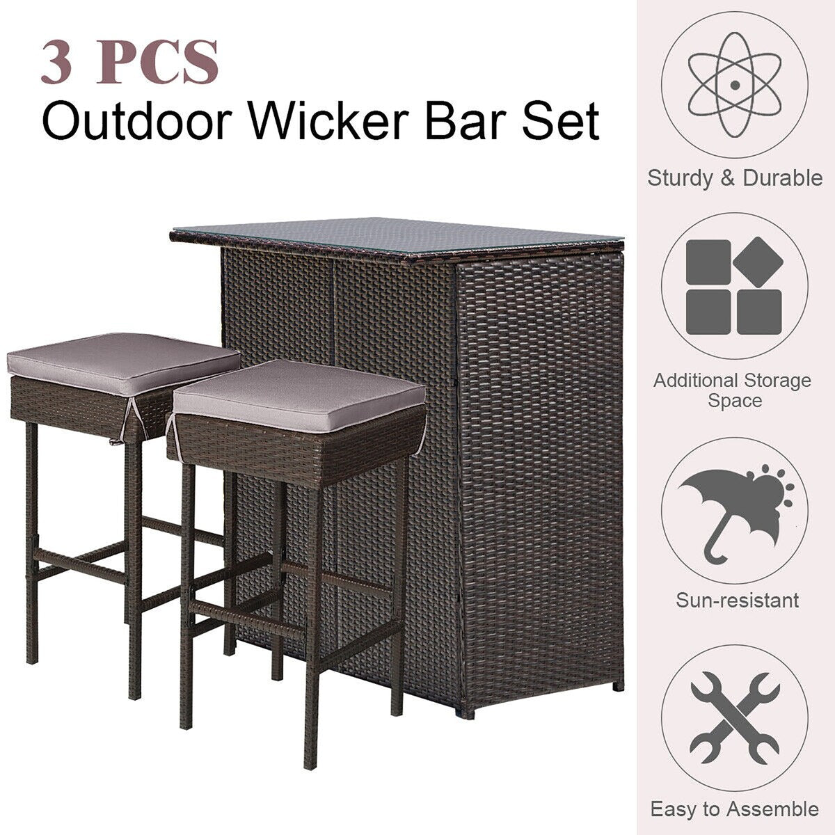 Ensemble de salle à manger 3 pièces en rotin avec table de bar et tabourets Gymax, gris et noir