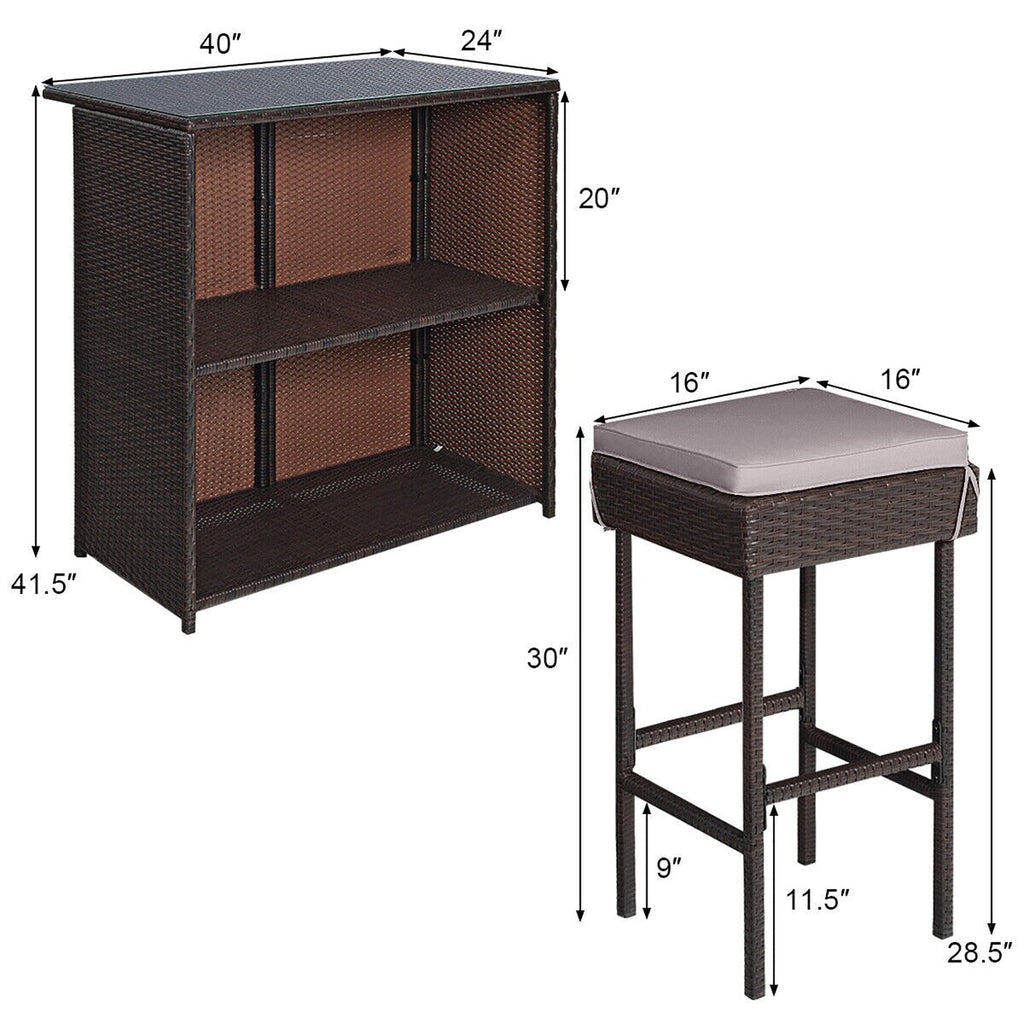 Ensemble de salle à manger 3 pièces en rotin avec table de bar et tabourets Gymax, gris et noir