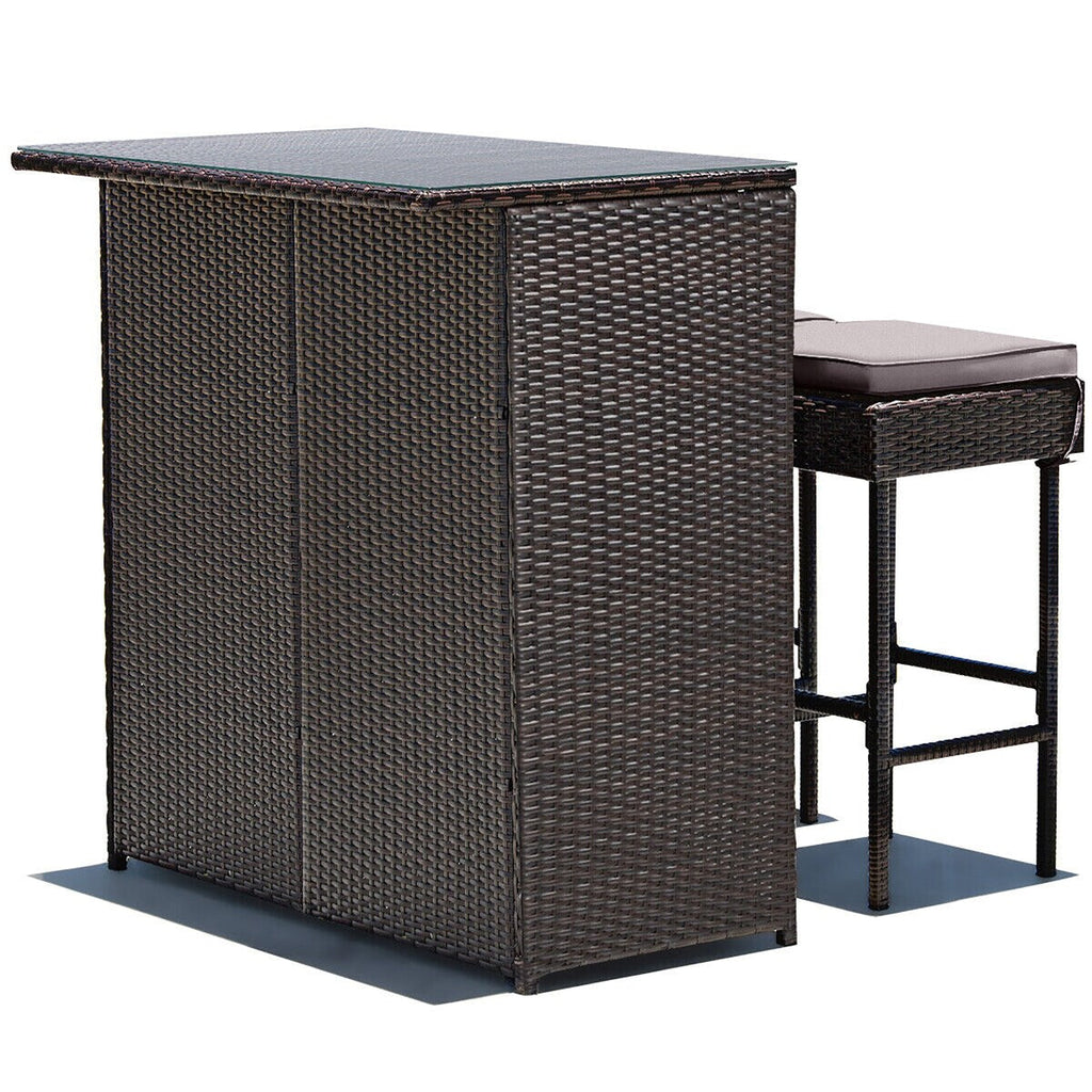 Ensemble de salle à manger 3 pièces en rotin avec table de bar et tabourets Gymax, gris et noir