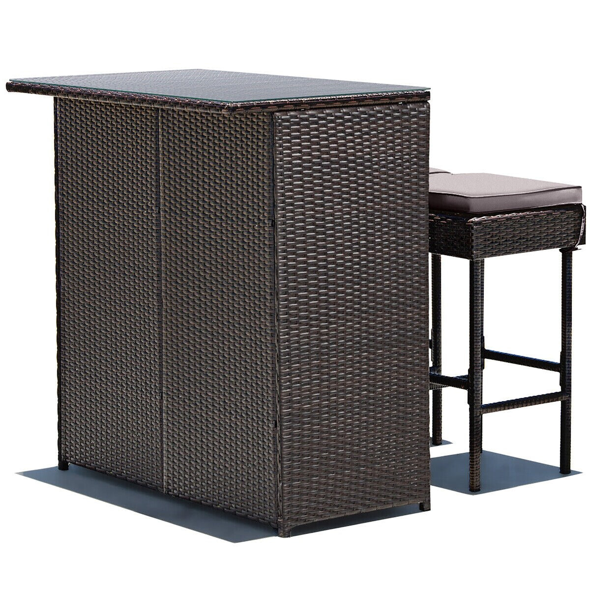 Ensemble de salle à manger 3 pièces en rotin avec table de bar et tabourets Gymax, gris et noir