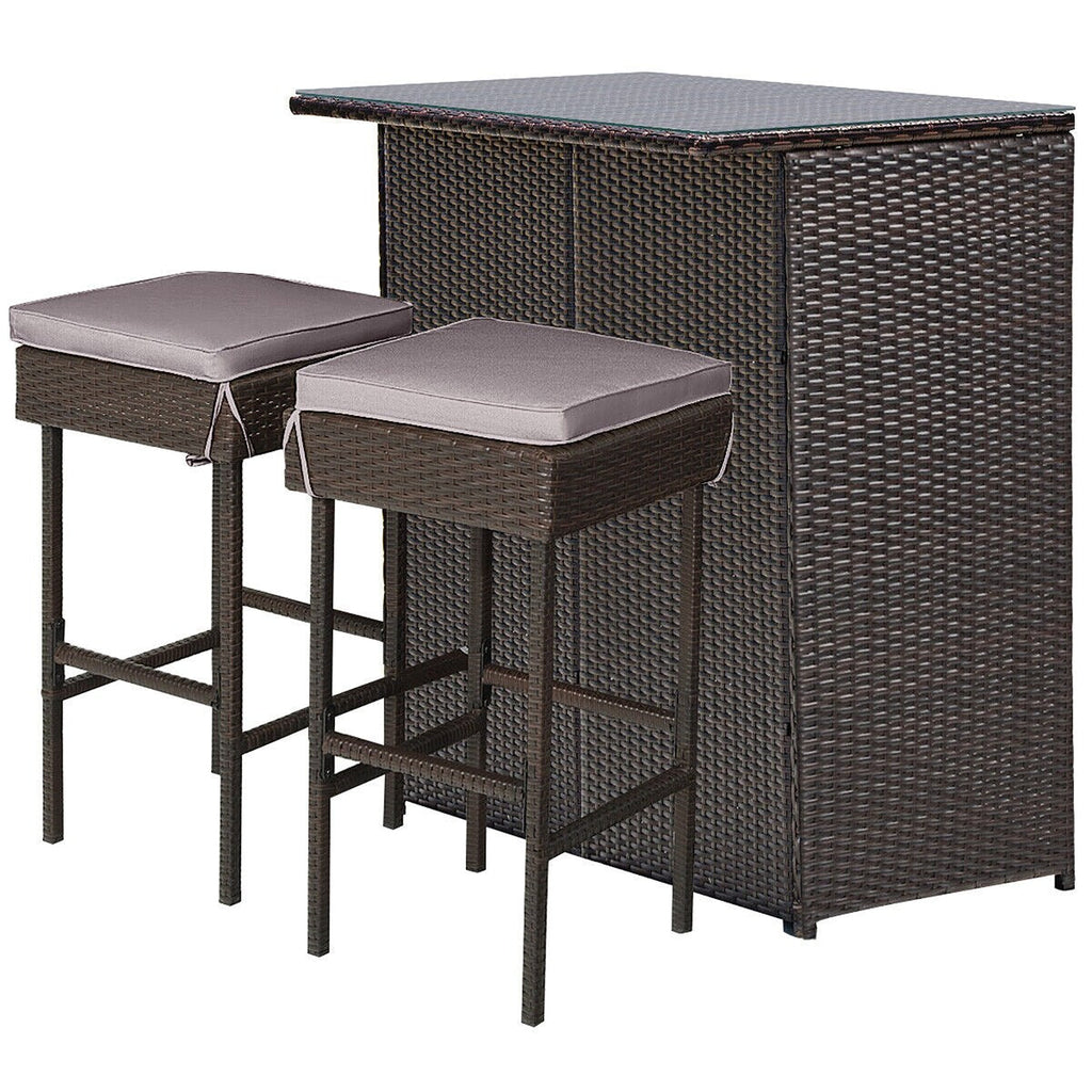Ensemble de salle à manger 3 pièces en rotin avec table de bar et tabourets Gymax, gris et noir