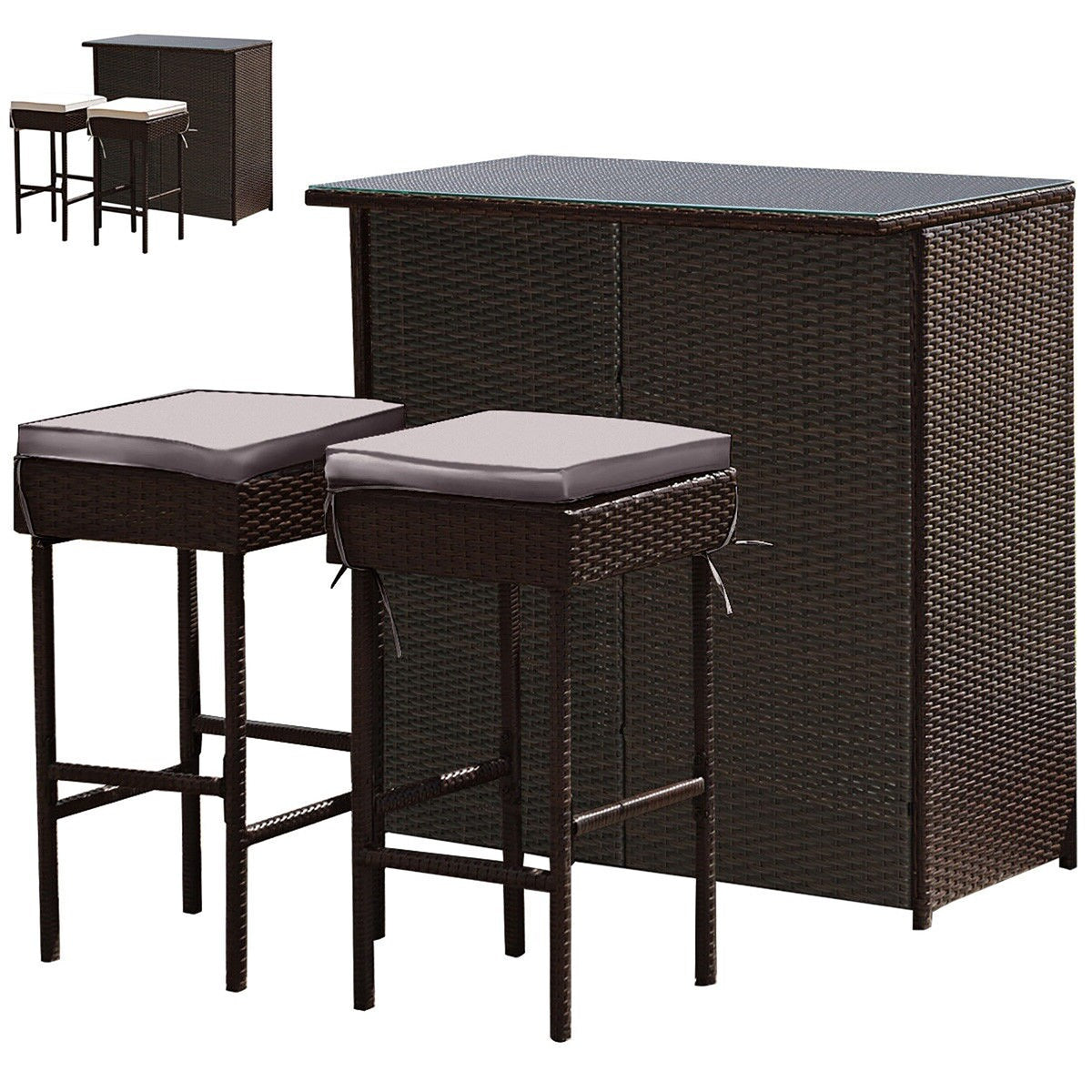Ensemble de salle à manger 3 pièces en rotin avec table de bar et tabourets Gymax, gris et noir