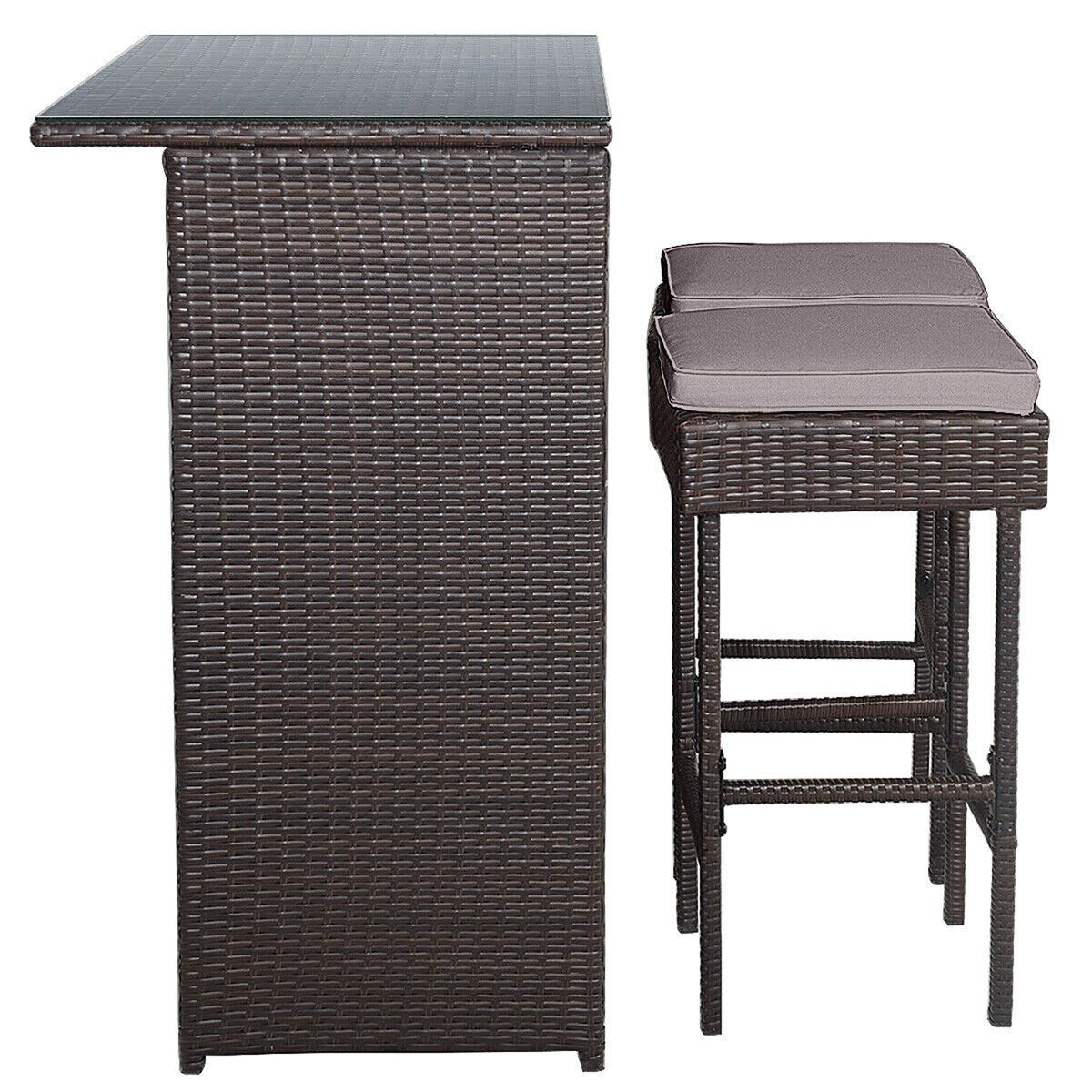 Ensemble de salle à manger 3 pièces en rotin avec table de bar et tabourets Gymax, gris et noir