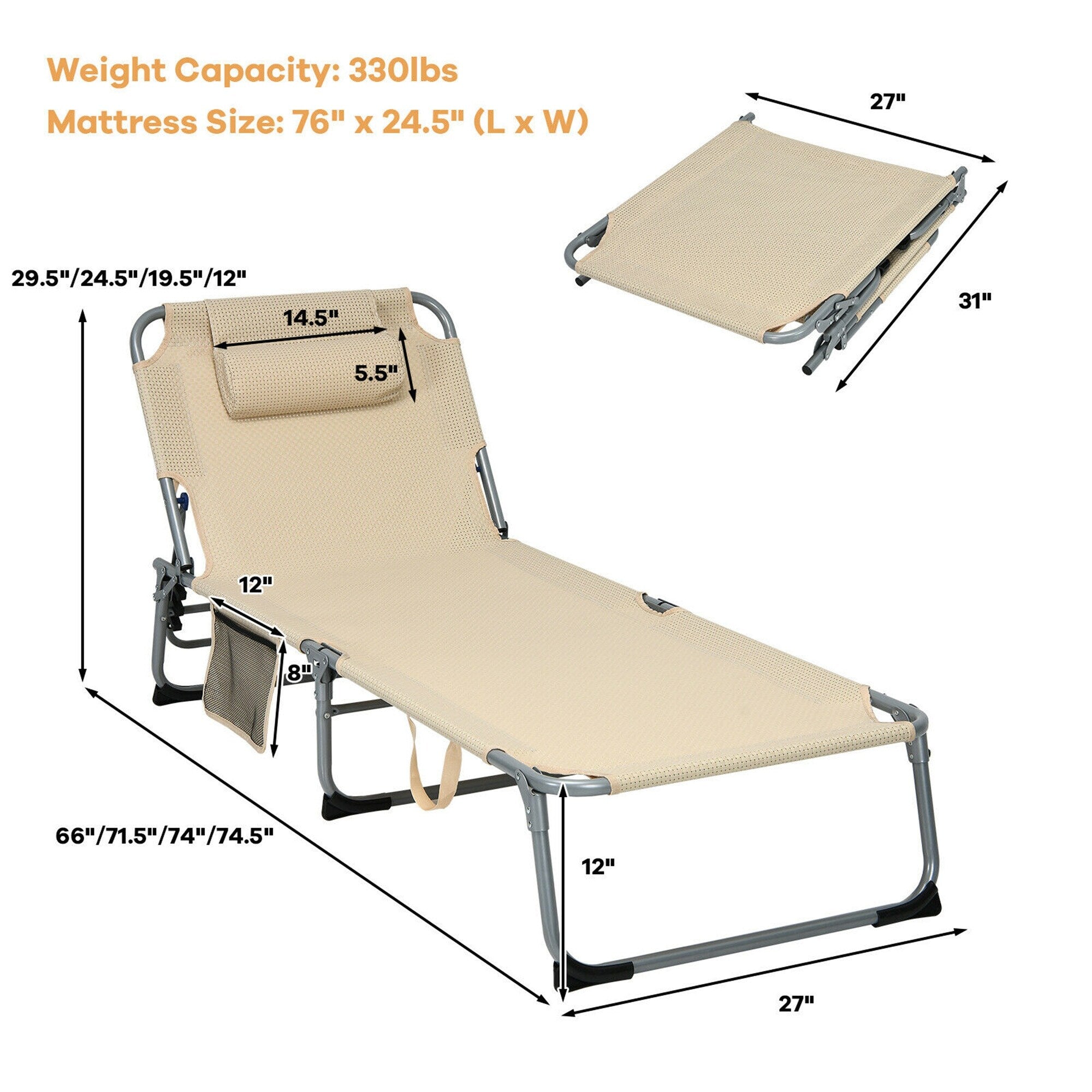 Chaise longue inclinable rembourrée surdimensionnée Gymax 4 plis