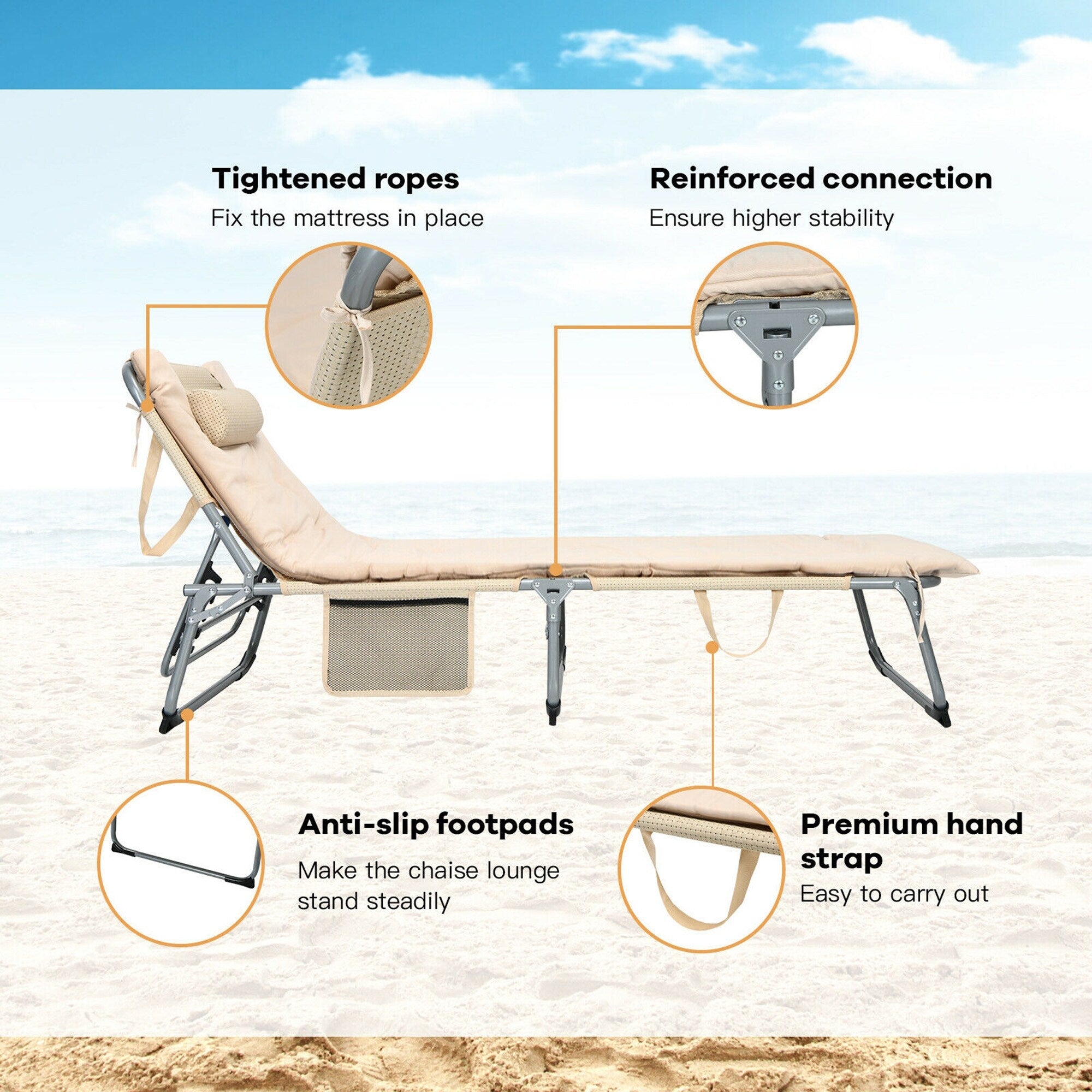 Chaise longue inclinable rembourrée surdimensionnée Gymax 4 plis