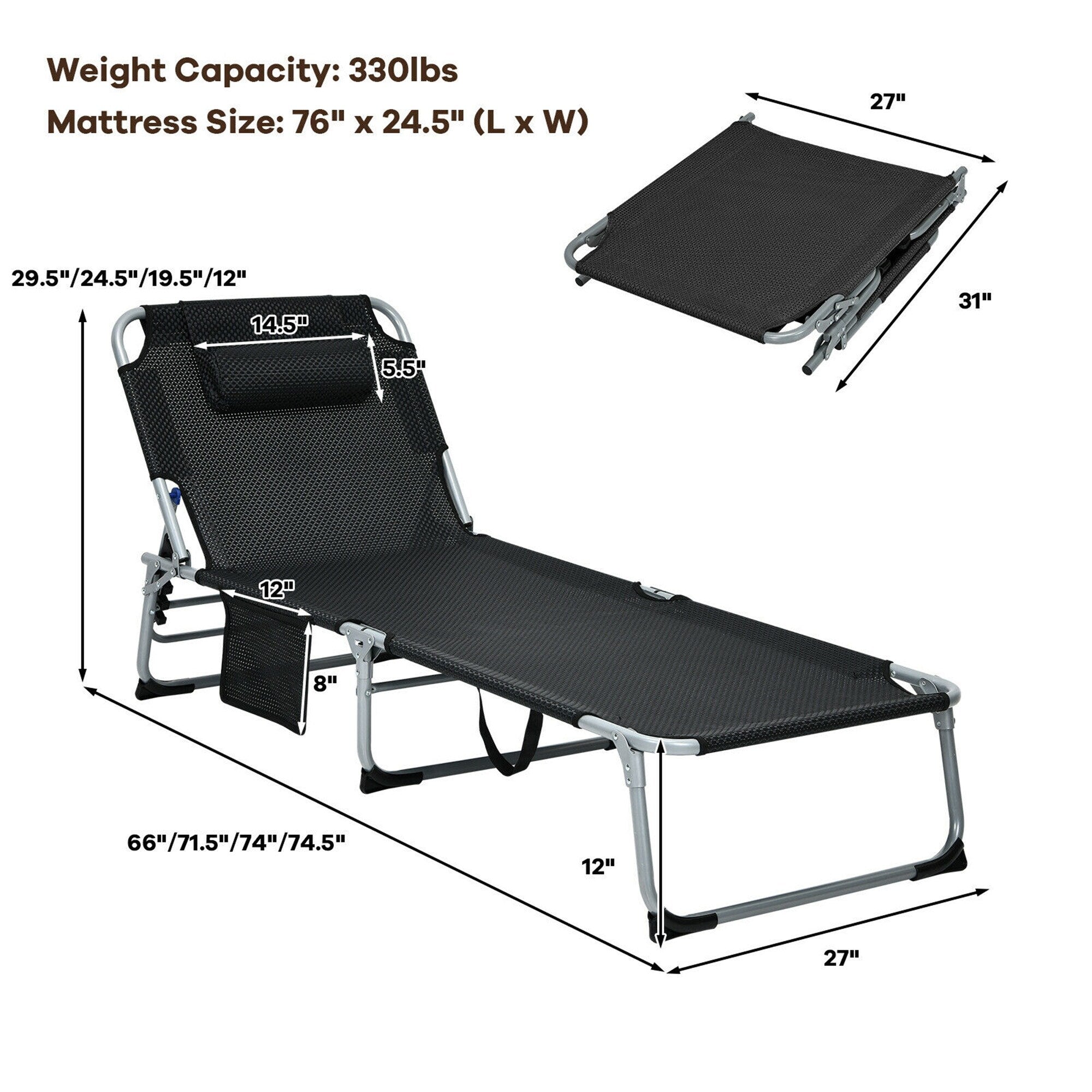 Chaise longue inclinable rembourrée surdimensionnée Gymax 4 plis