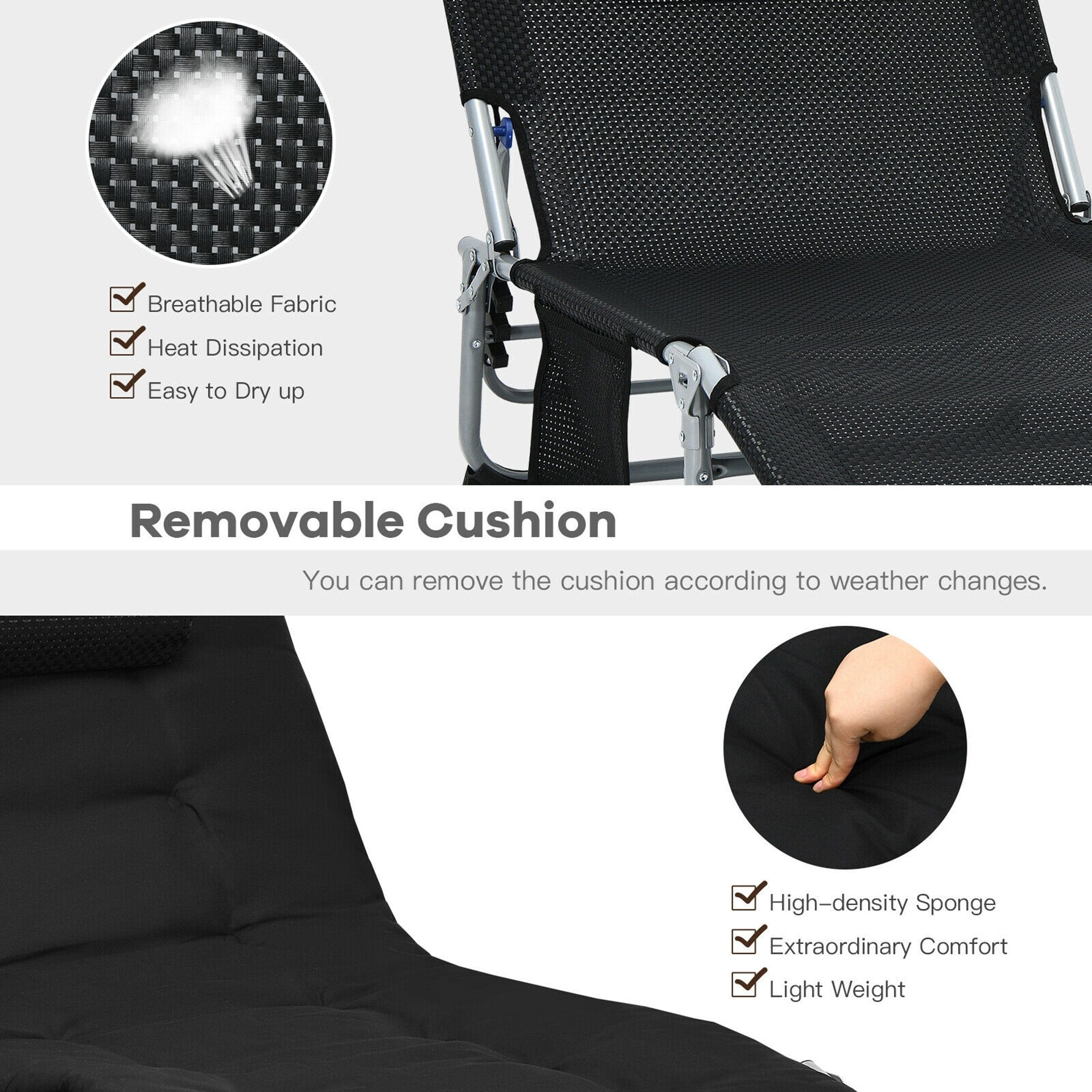 Chaise longue inclinable rembourrée surdimensionnée Gymax 4 plis