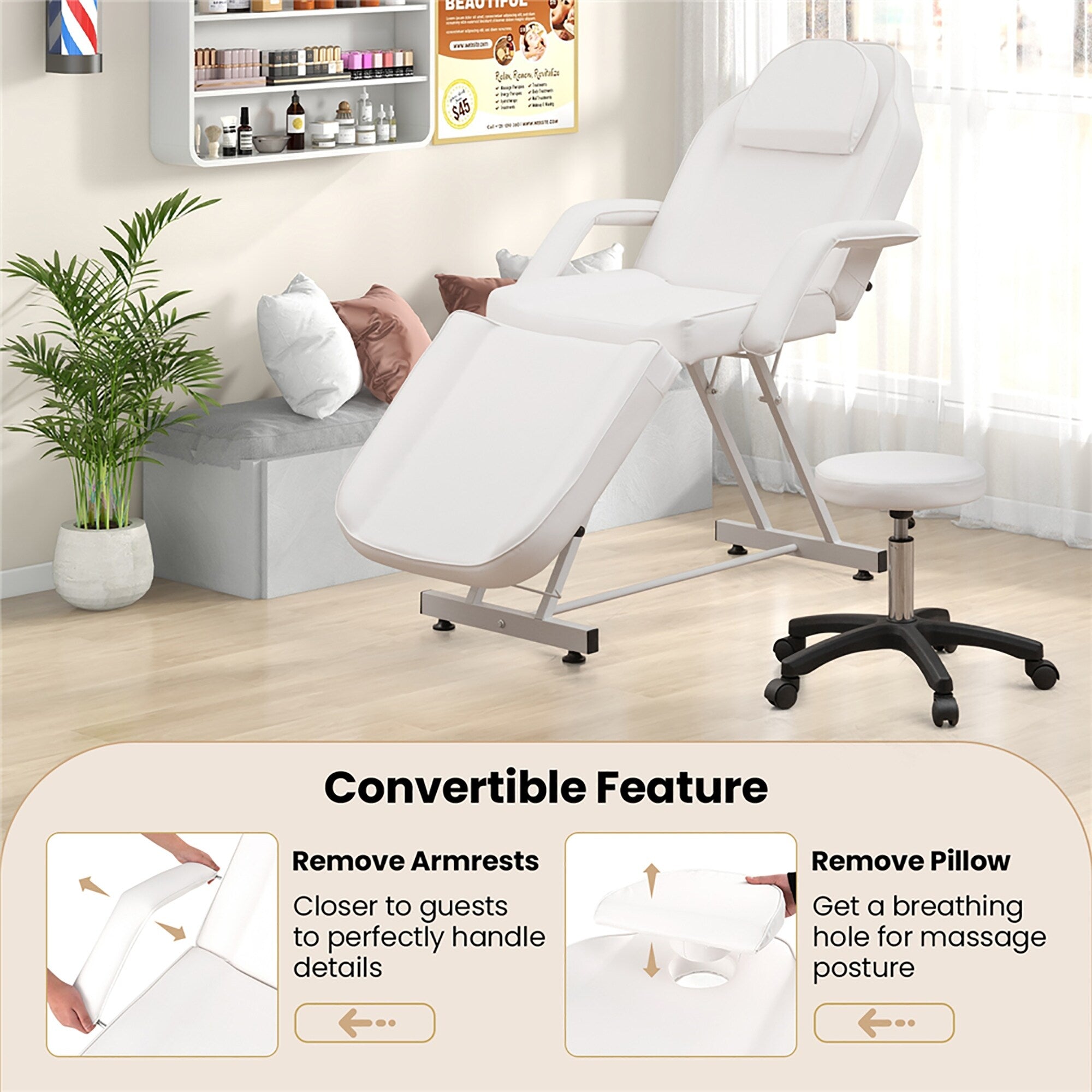 Chaise faciale Gymax 73'' avec tabouret hydraulique avec accoudoirs amovibles et