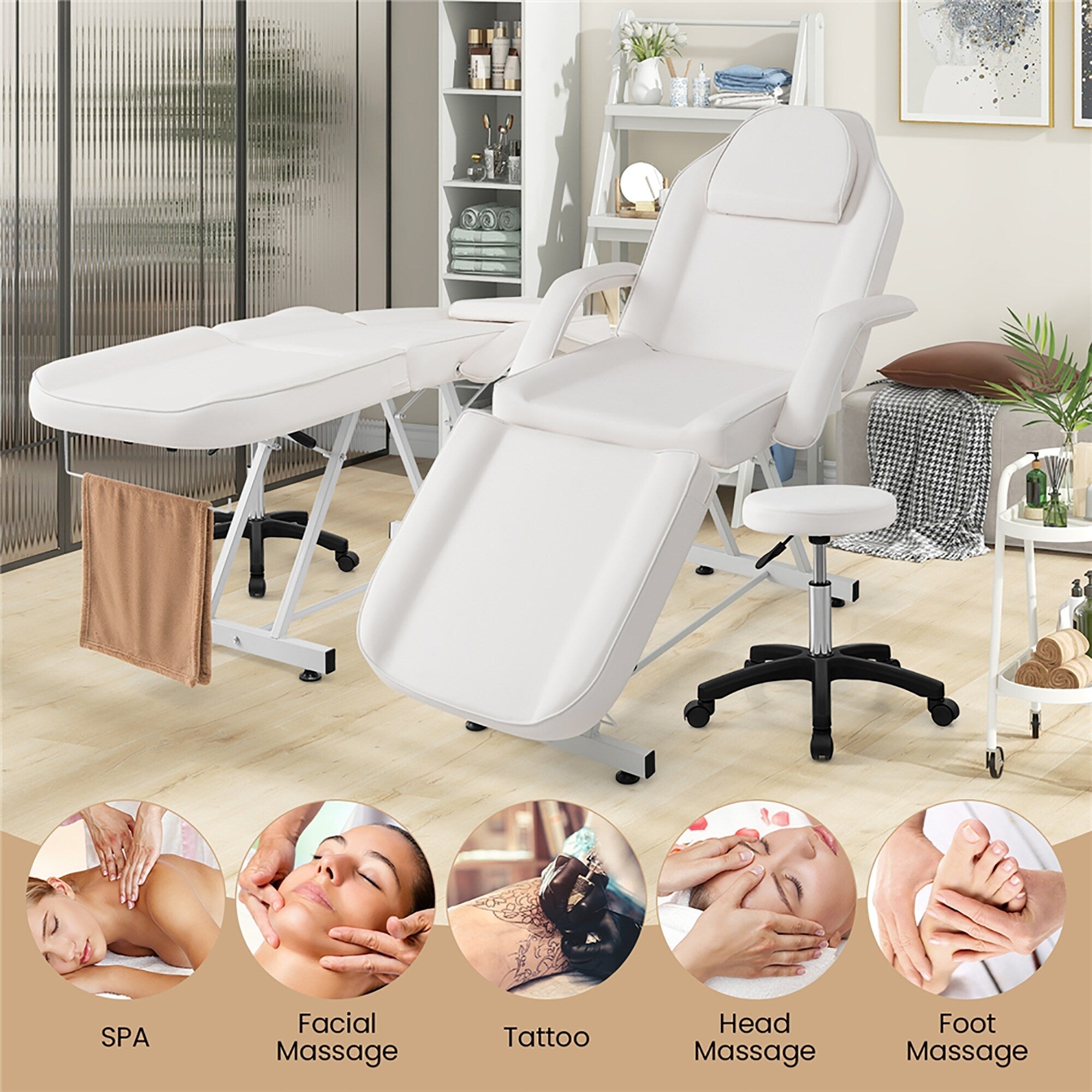 Chaise faciale Gymax 73'' avec tabouret hydraulique avec accoudoirs amovibles et