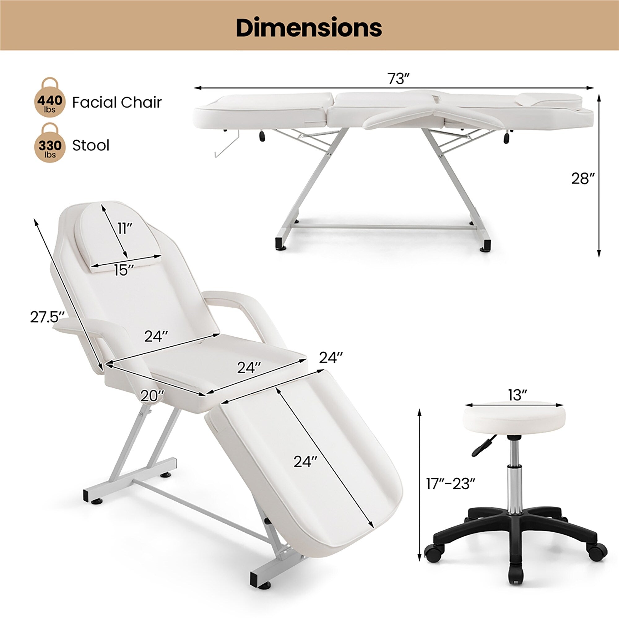 Chaise faciale Gymax 73'' avec tabouret hydraulique avec accoudoirs amovibles et