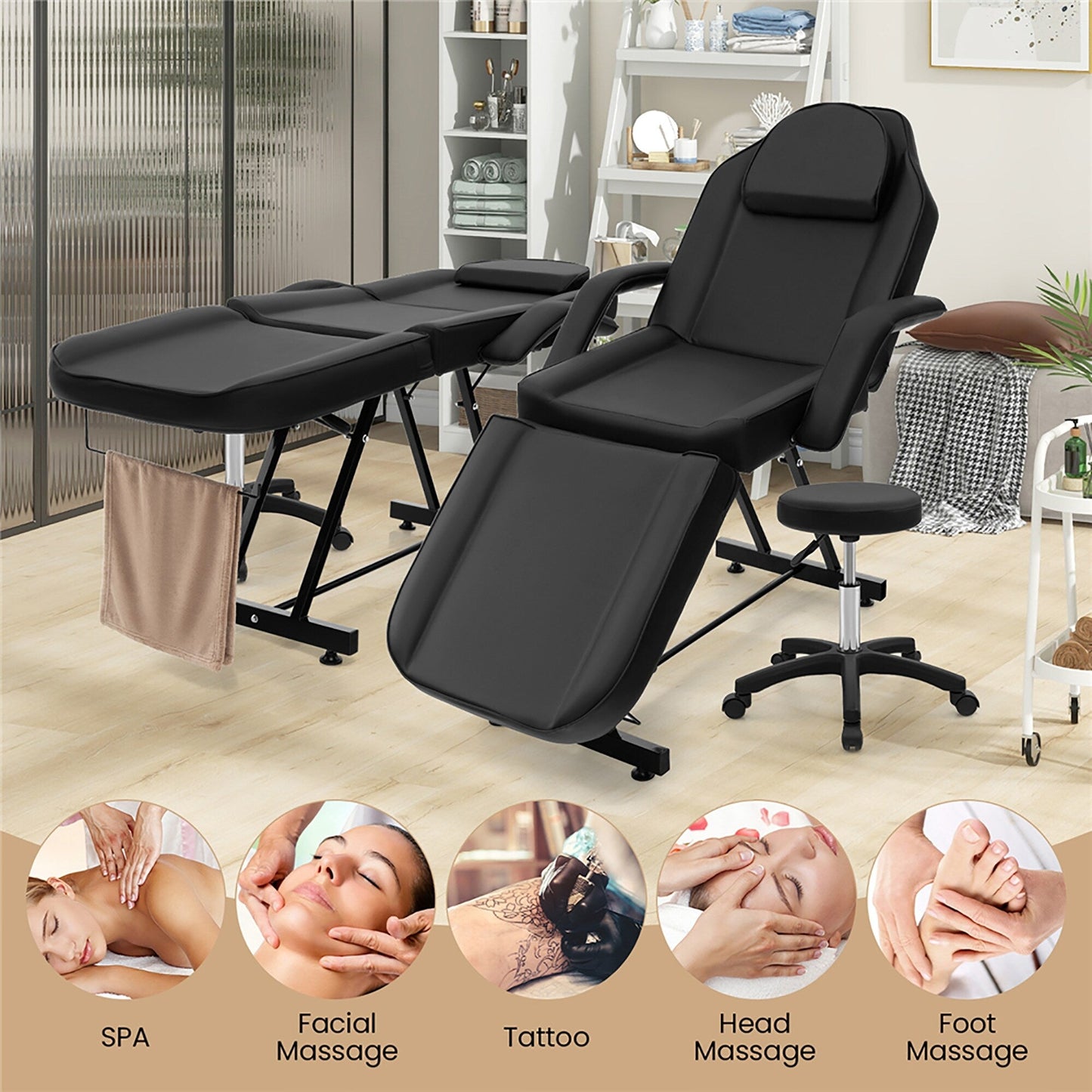 Chaise faciale Gymax 73'' avec tabouret hydraulique avec accoudoirs amovibles et