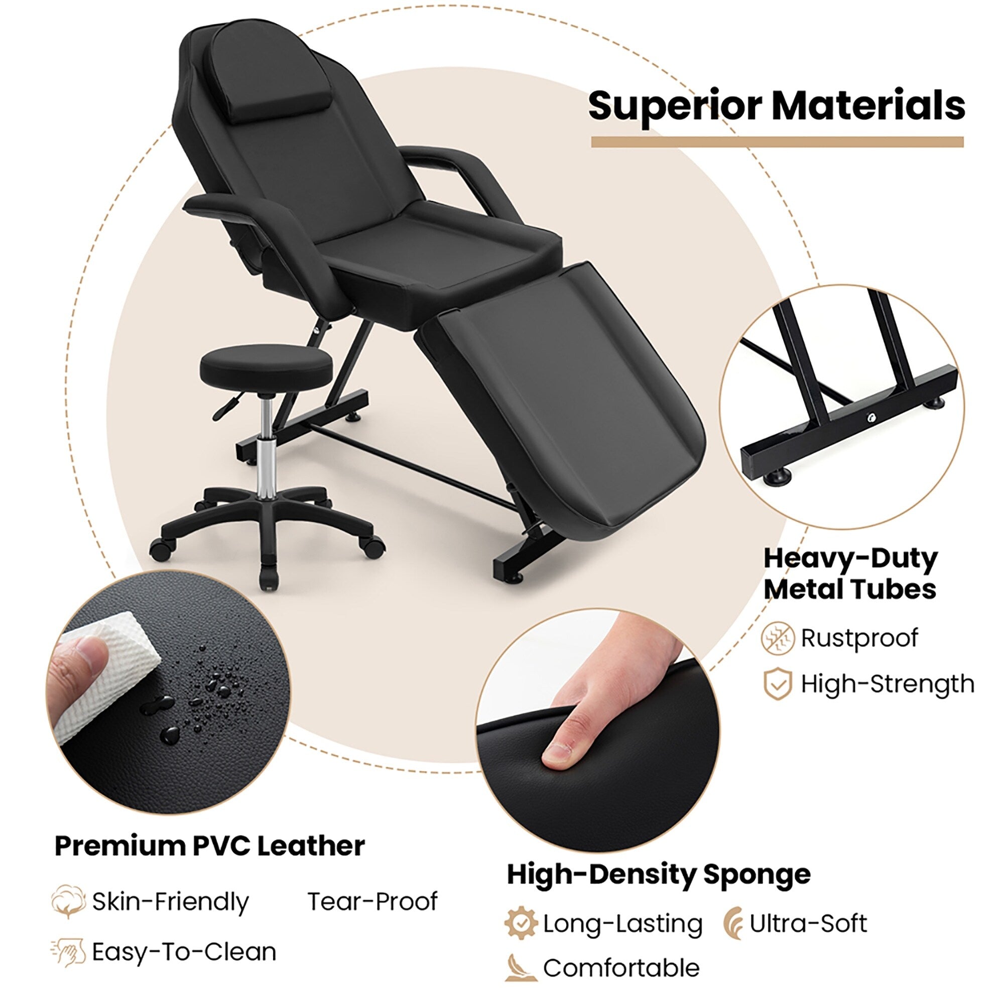 Chaise faciale Gymax 73'' avec tabouret hydraulique avec accoudoirs amovibles et