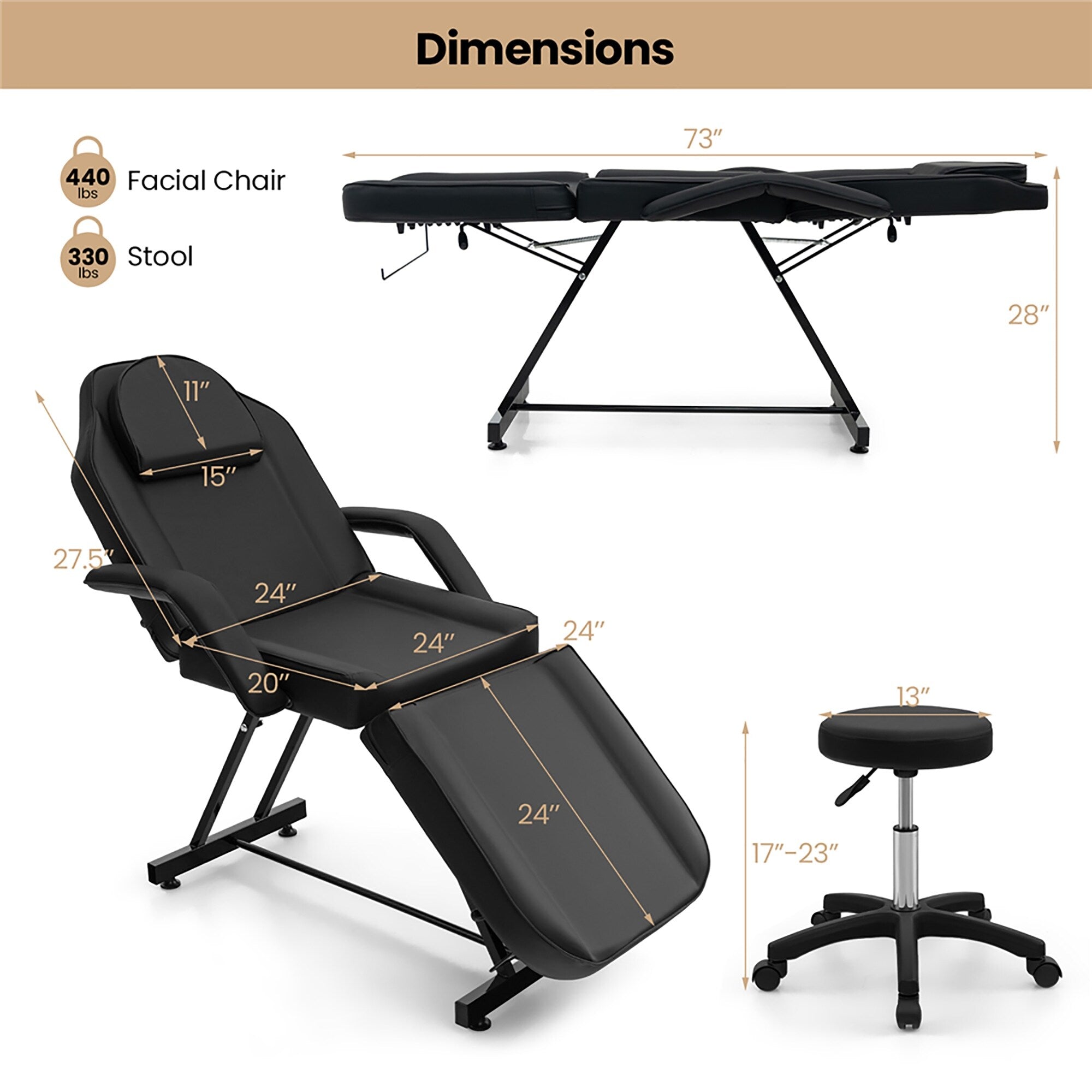 Chaise faciale Gymax 73'' avec tabouret hydraulique avec accoudoirs amovibles et