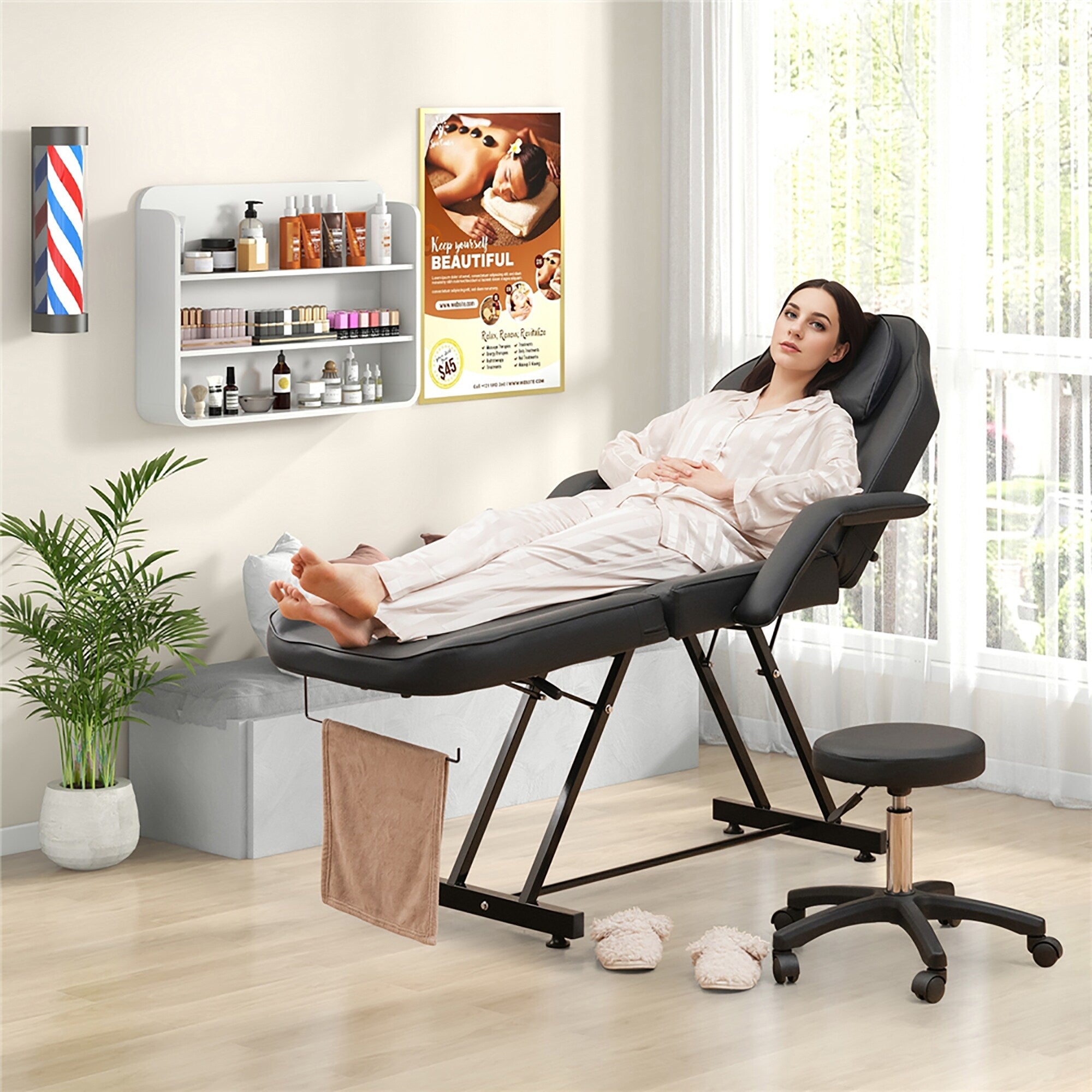 Chaise faciale Gymax 73'' avec tabouret hydraulique avec accoudoirs amovibles et