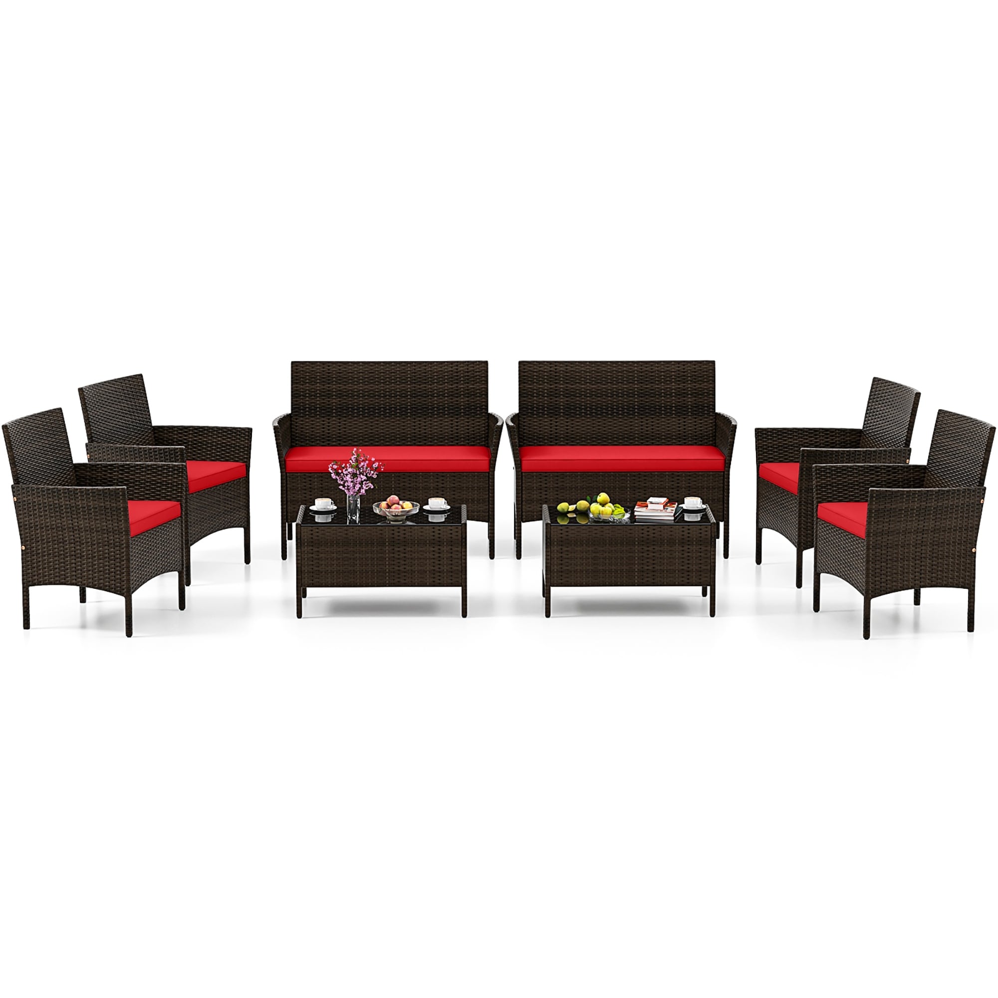 Ensemble de meubles de jardin Gymax 8 pièces avec coussins lavables et verre trempé