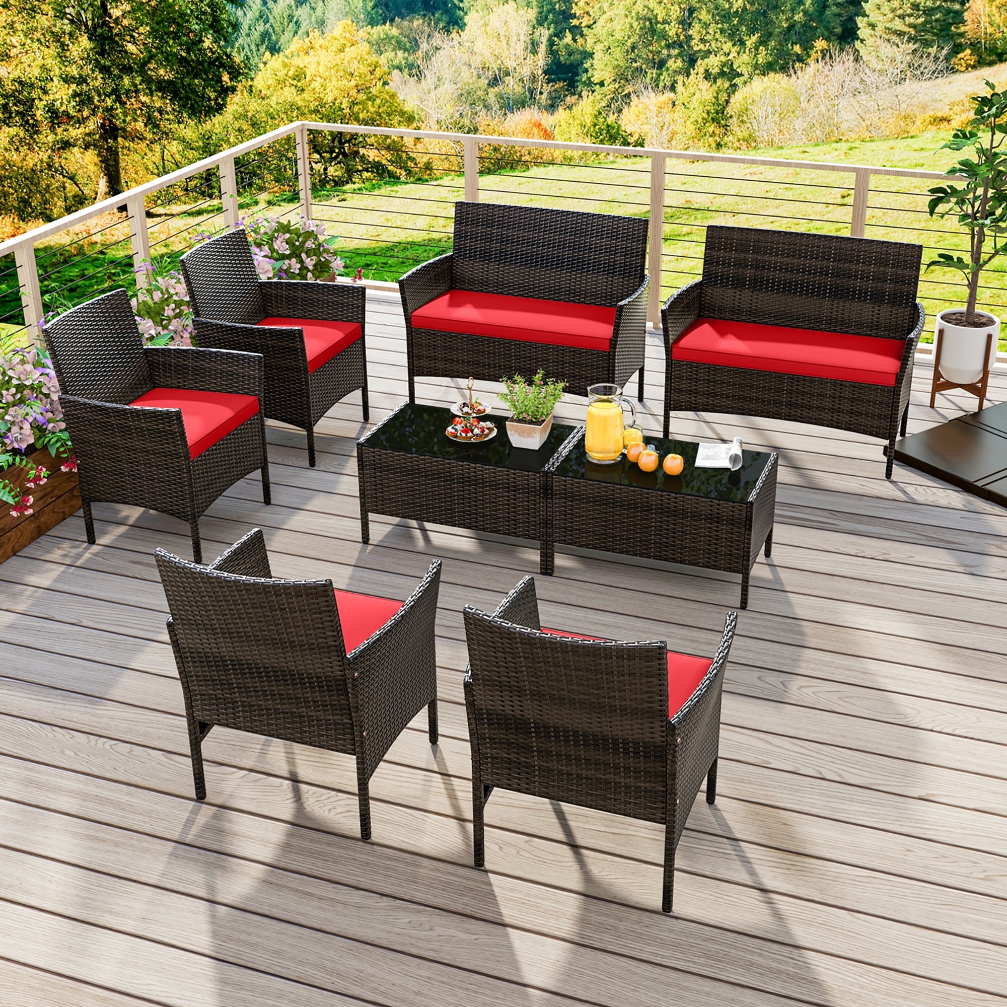 Ensemble de meubles de jardin Gymax 8 pièces avec coussins lavables et verre trempé