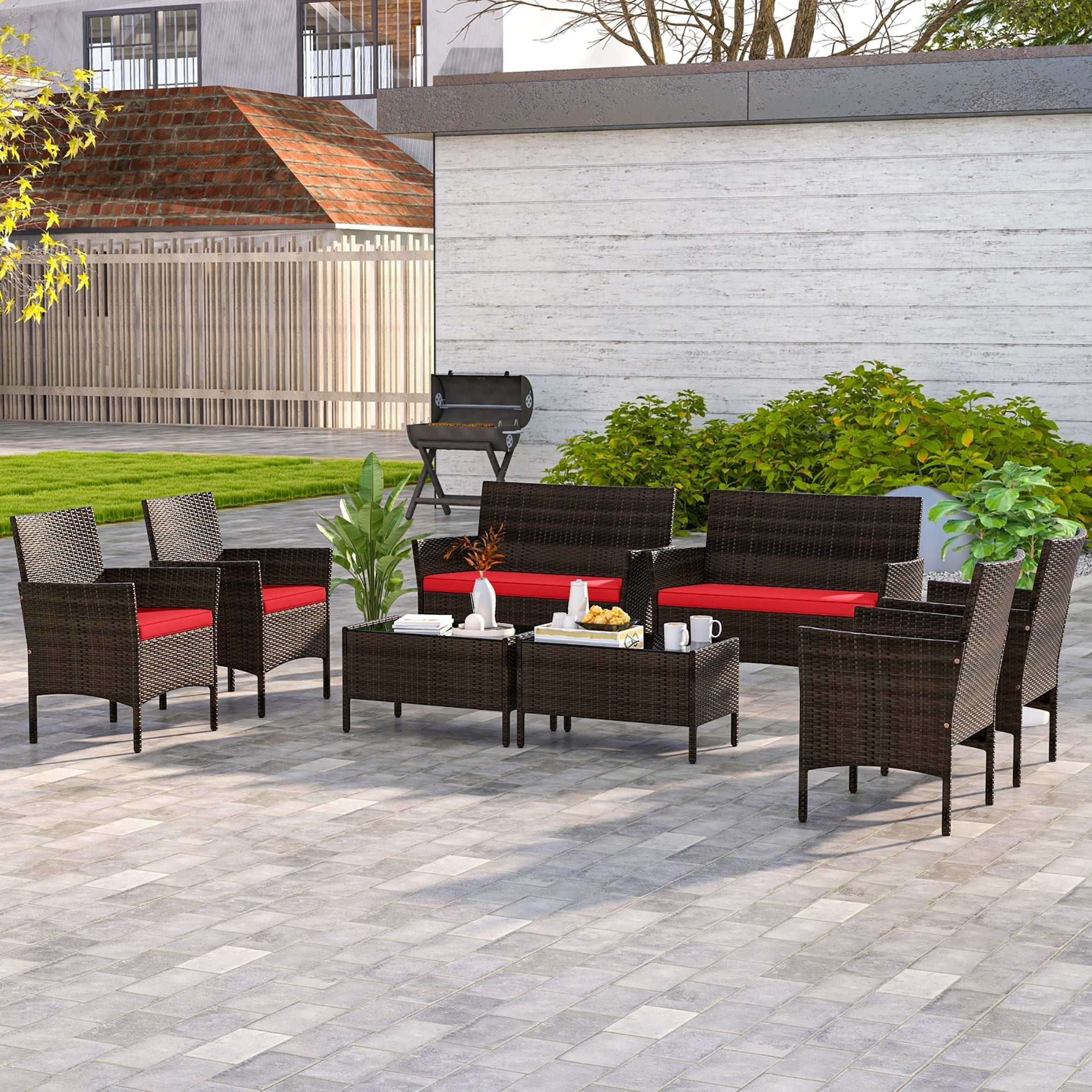 Ensemble de meubles de jardin Gymax 8 pièces avec coussins lavables et verre trempé