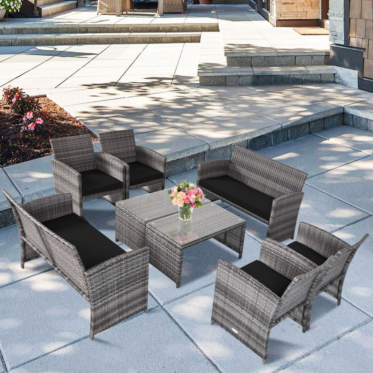 Ensemble de meubles de jardin en rotin Gymax 8 pièces, noir