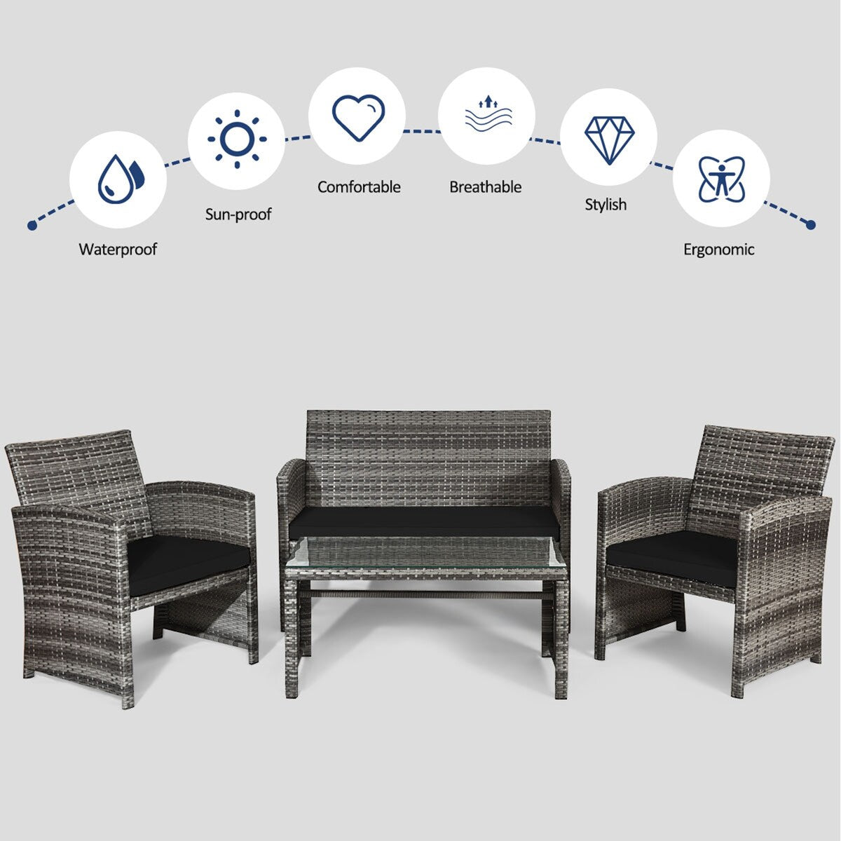 Ensemble de meubles de jardin en rotin Gymax 8 pièces, noir