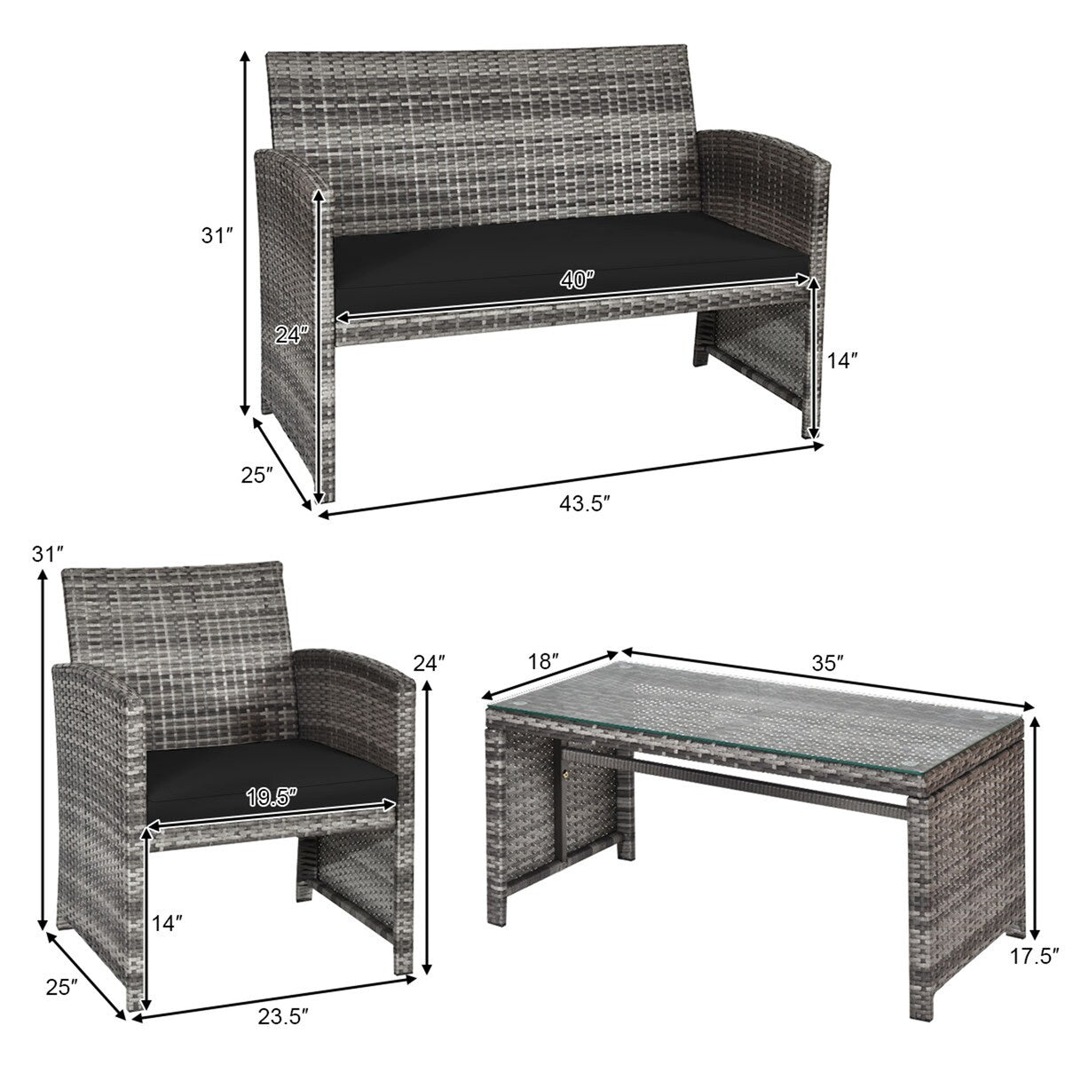 Ensemble de meubles de jardin en rotin Gymax 8 pièces, noir