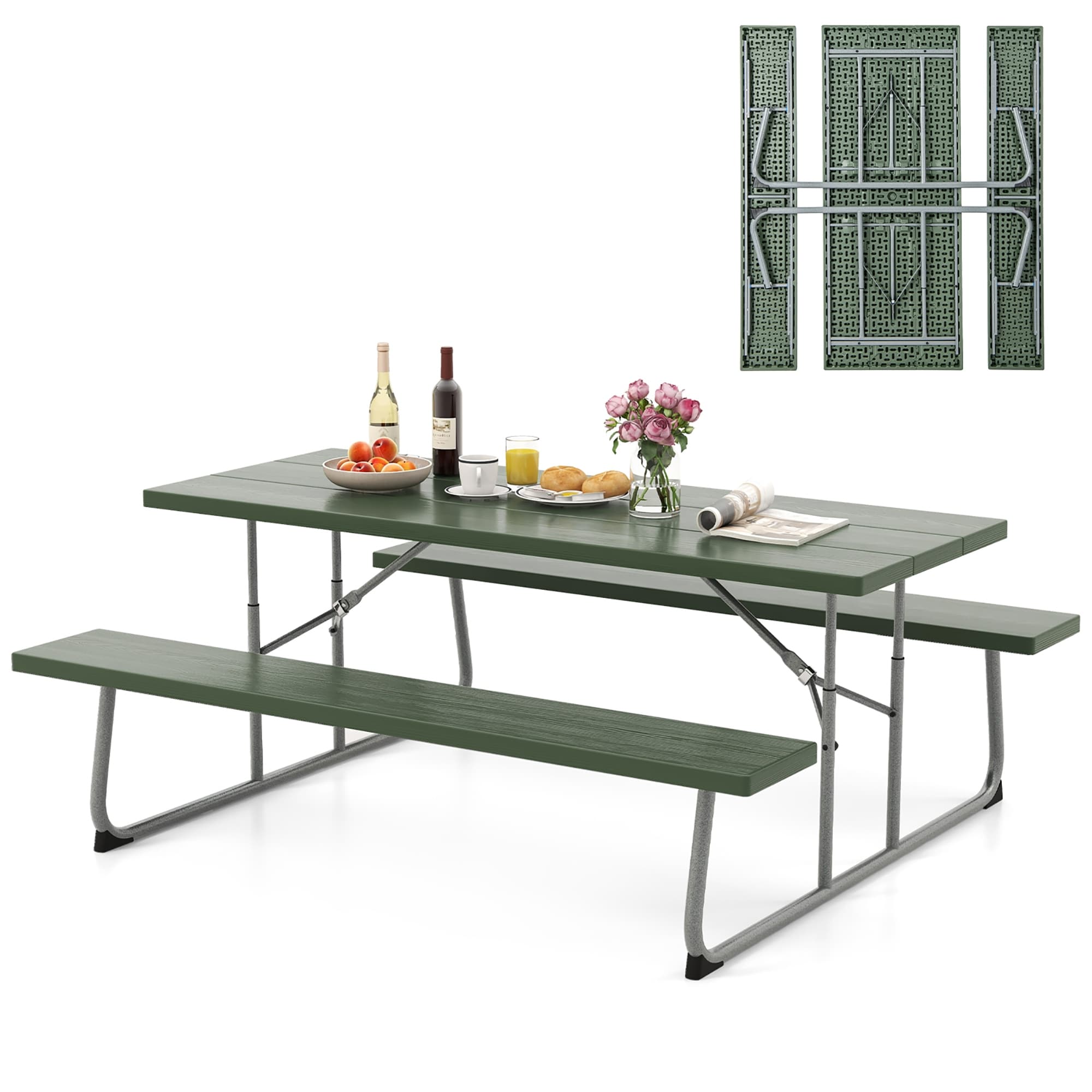 Table de pique-nique pliante Gymax avec 2 bancs Ensemble de table de camping de 6 pieds avec