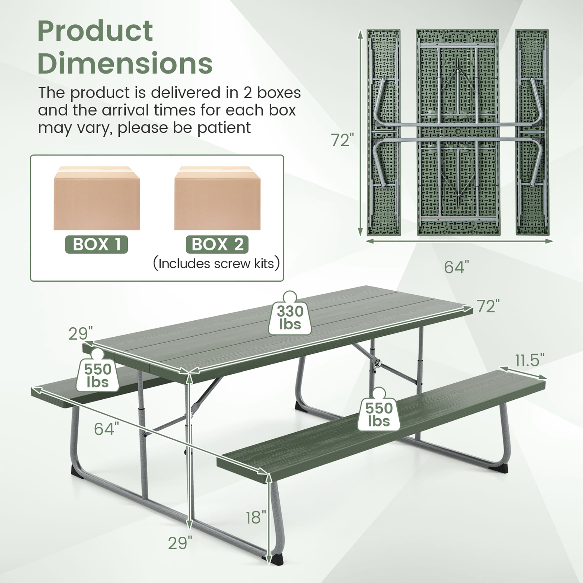Table de pique-nique pliante Gymax avec 2 bancs Ensemble de table de camping de 6 pieds avec