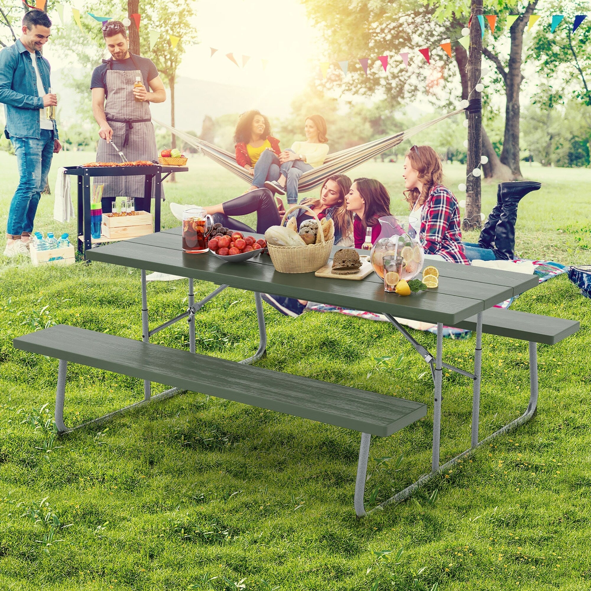 Table de pique-nique pliante Gymax avec 2 bancs Ensemble de table de camping de 6 pieds avec