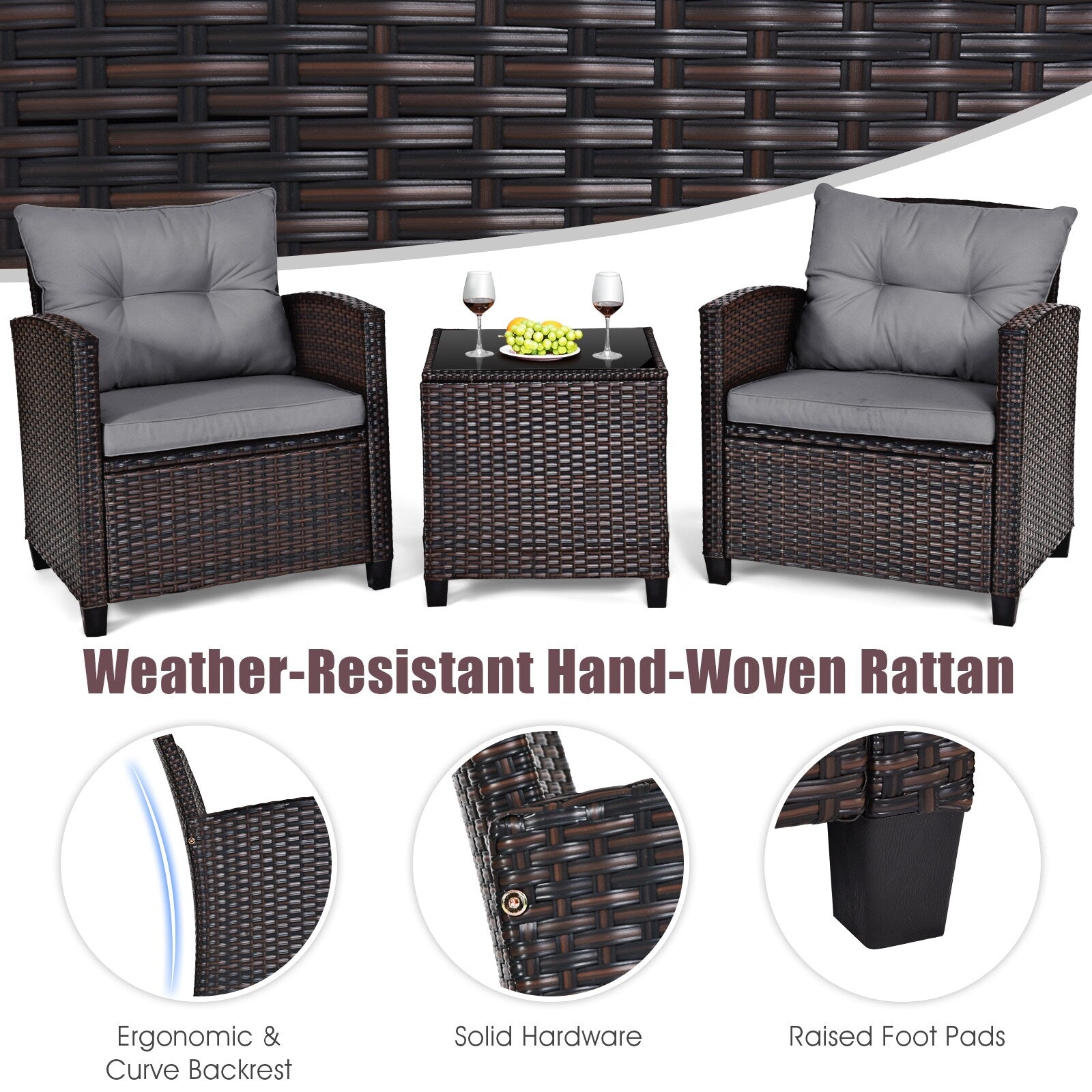 Ensemble de 3 meubles de jardin en rotin Gymax avec coussins