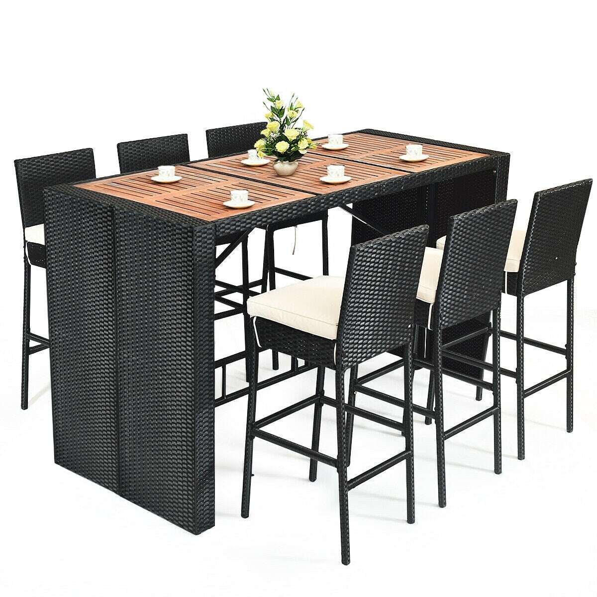 Ensemble de bar en rotin et osier Gymax 7 pièces avec table en bois