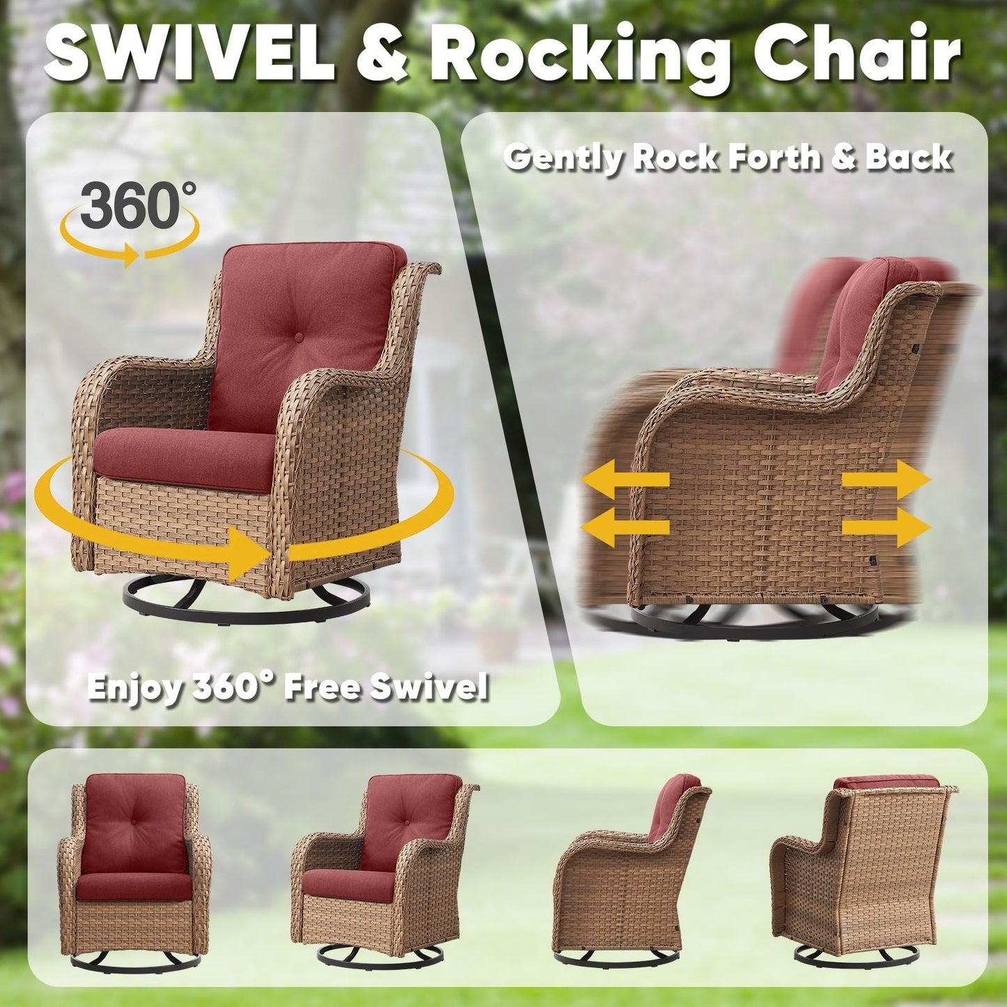 Ensemble de 3 chaises pivotantes à bascule en rotin et osier Gymojoy avec table