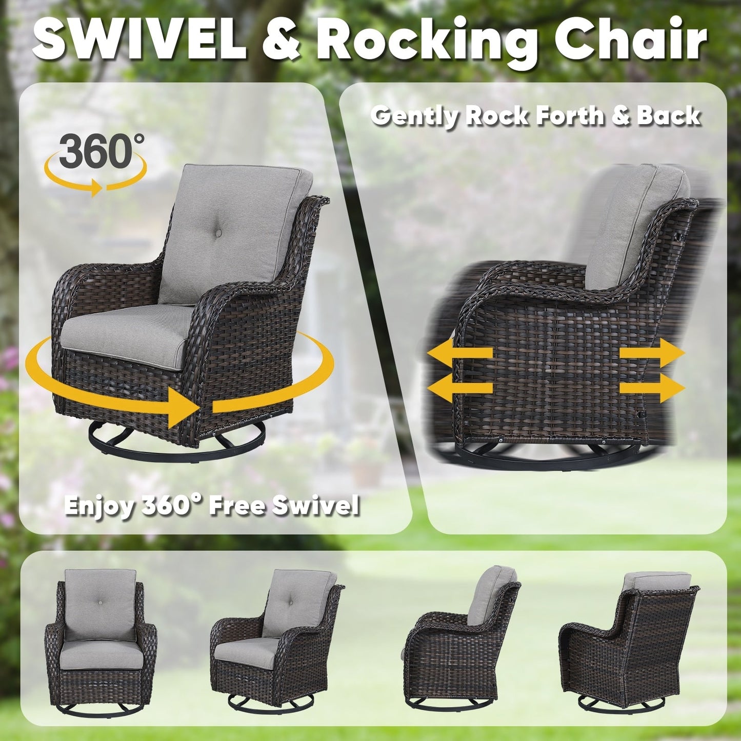 Ensemble de 3 chaises pivotantes à bascule en rotin et osier Gymojoy avec table