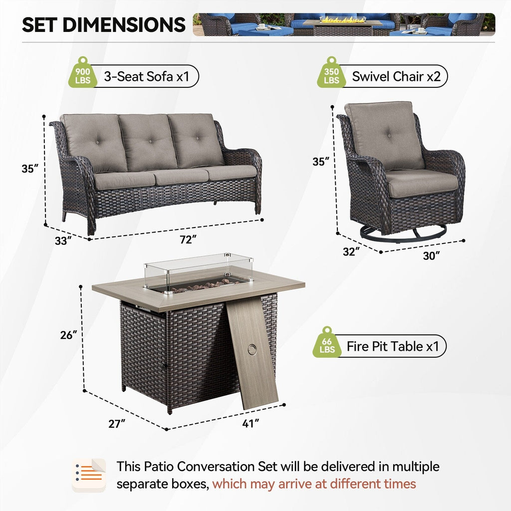 Ensemble de mobilier d'extérieur Gymojoy 4 pièces, 2 fauteuils pivotants, un canapé 3 places et une table avec foyer de 55 000 BTU